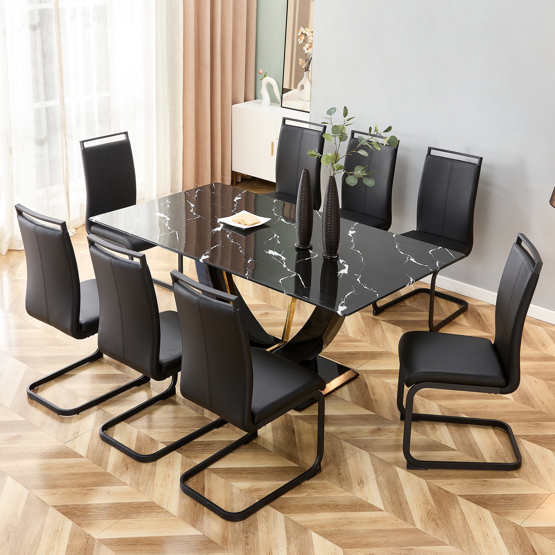 Modern Minimalist And Luxurious Black Imitation Marble Texture Dining Table Rectangular Office Desk.Game Desk .Desk.For Dining Room, Living Room, Terrace, Kitchen F 907 Black Mdf