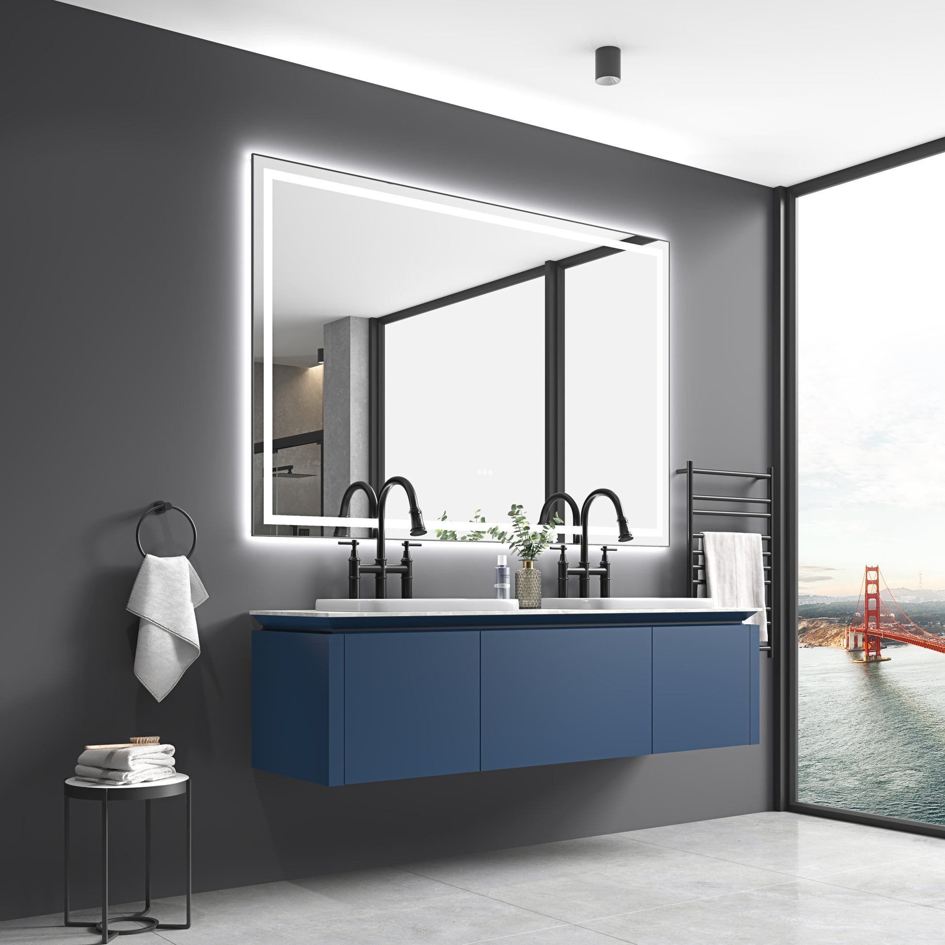 84In. W X 48In. H Oversized Rectangular Black Framed Led Mirror Anti Fog Dimmable Wall Mount Bathroom Vanity Mirror Hd Wall Mirror Kit For Gym And Dance Studio 48X 84Inches With Safety Ba Matte Black Aluminium