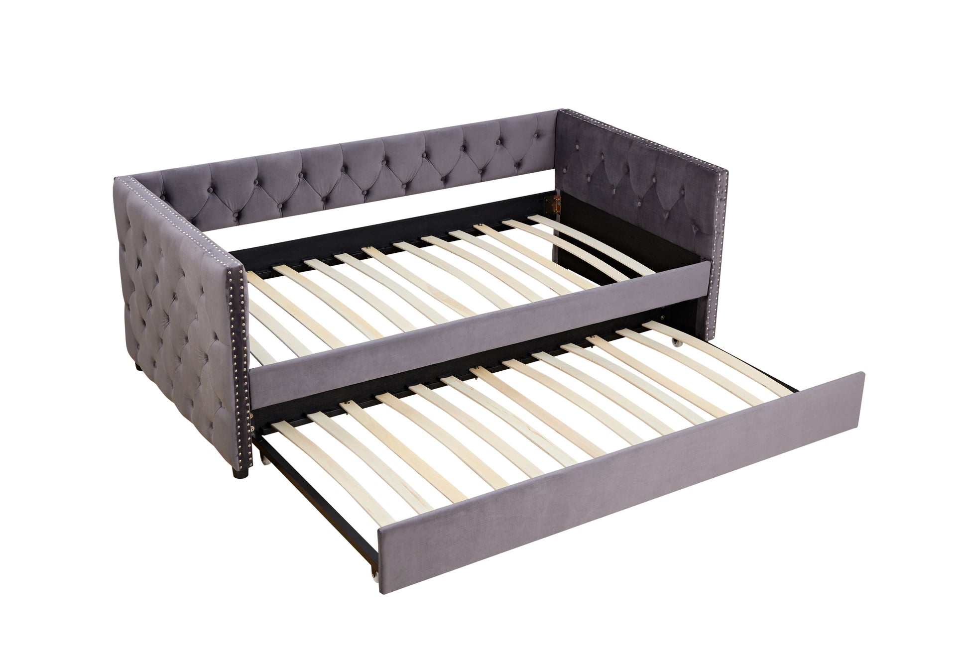 Daybed With Trundle Sofa Bed, Upgraded Velvet Upholstered Sofa Bed, With Button And Copper Nail On Square Arms,Bedroom Living Room Furniture Grey,Twin,83.47"X41.91"X30.71" Box Spring Required Twin Gray Wood Bedroom American Traditional Eucalyptus Bed