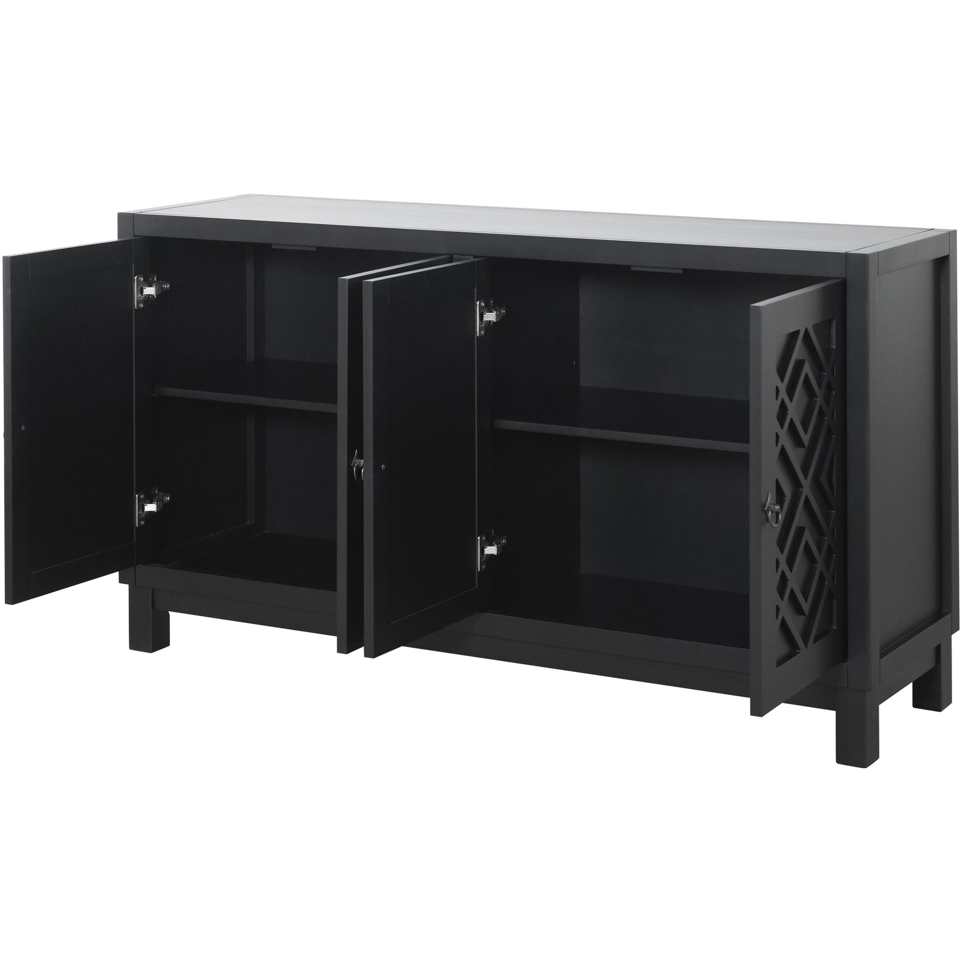 Large Storage Space Sideboard, 4 Door Buffet Cabinet With Pull Ring Handles For Living Room, Dining Room Black Black Mdf