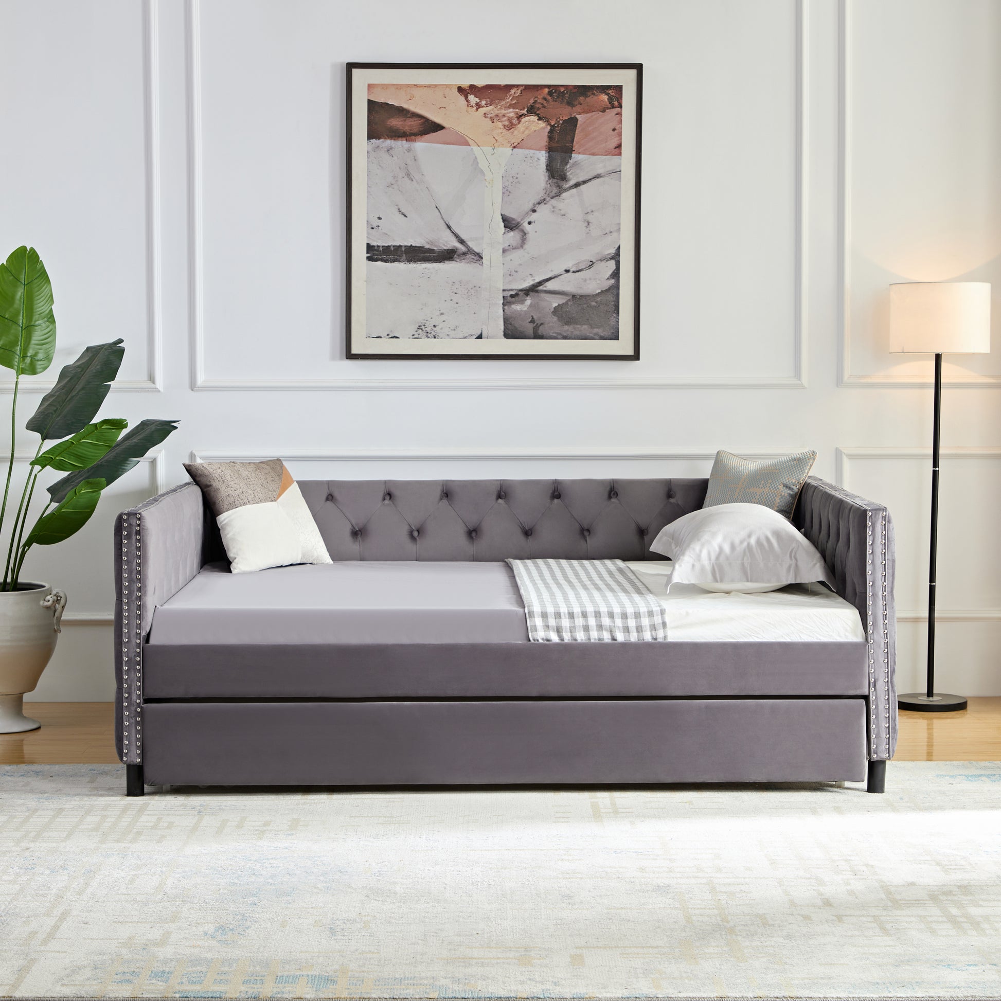 Sofa Bed With Wheels, Upgraded Velvet Upholstered Sofa Bed, With Button And Copper Nail On Square Arms,Bedroom Living Room Furniture Gray,Full,82.75"X58"X30.75" Box Spring Not Required Full Gray Wood Bedroom American Traditional Eucalyptus Bed Frame