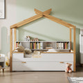 White Full Size Wooden House Bed With Original Wood Colored Frame Twin Size Trundle And Bookshelf Storage Space For Children Or Guest Room Full White Wood