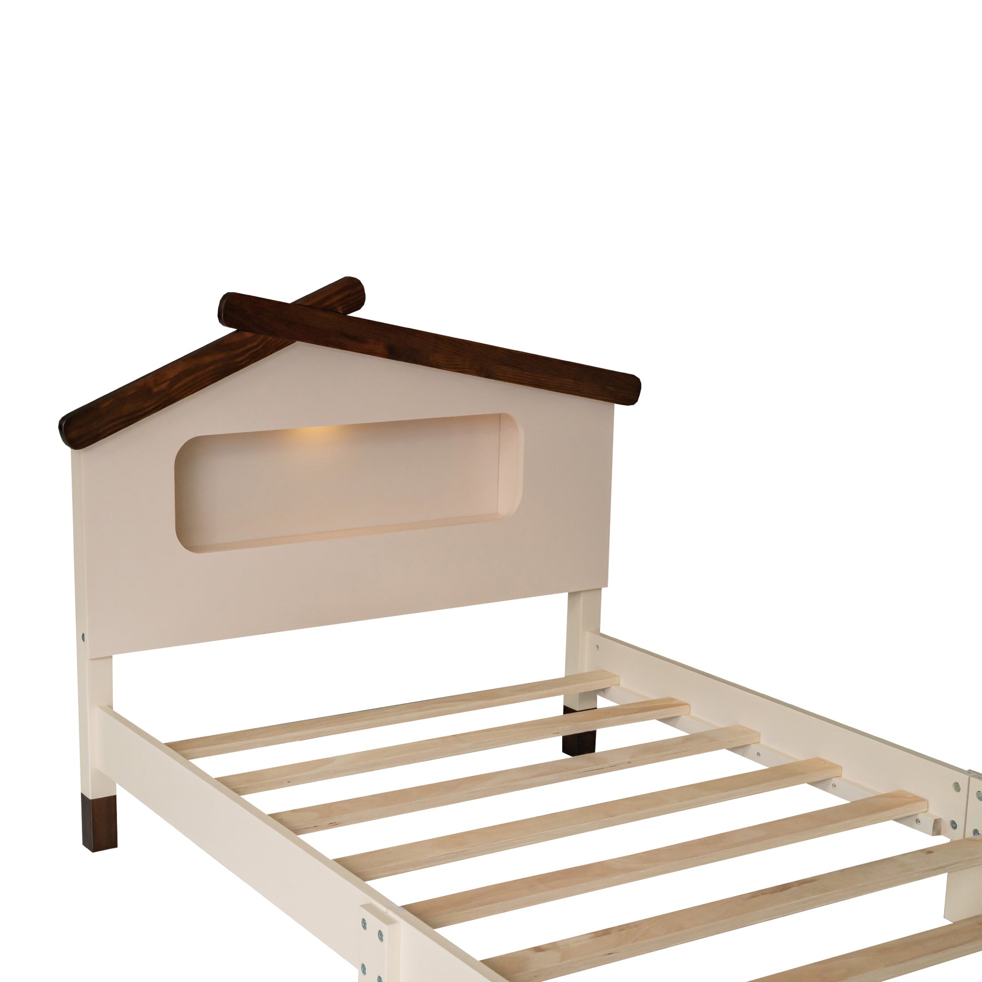 Twin Size Wood Platform Bed With House Shaped Headboard And Motion Activated Night Lights Cream Walnut Cream Wood