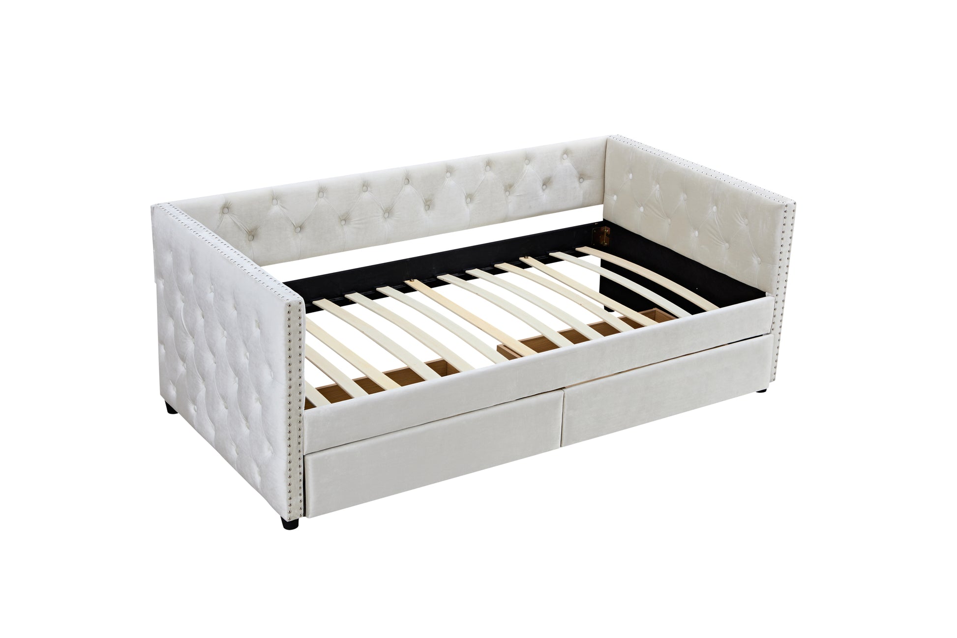 Sofa Bed With Drawers, Modern Velvet Upholstered Sofa Bed With Button Tufted Sofa Bed Frame With Double Drawers, Bedroom Living Room Furniture,Beige 83.47''X42.91''X30.71''' Box Spring Required Twin Beige Wood Bedroom American Traditional Eucalyptus Bed