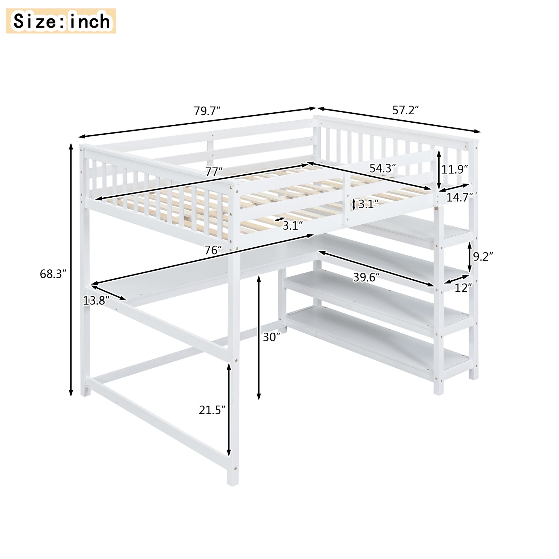 Full Size Loft Bed With Storage Shelves And Under Bed Desk, White Box Spring Not Required Full White Wood Bedroom Pine