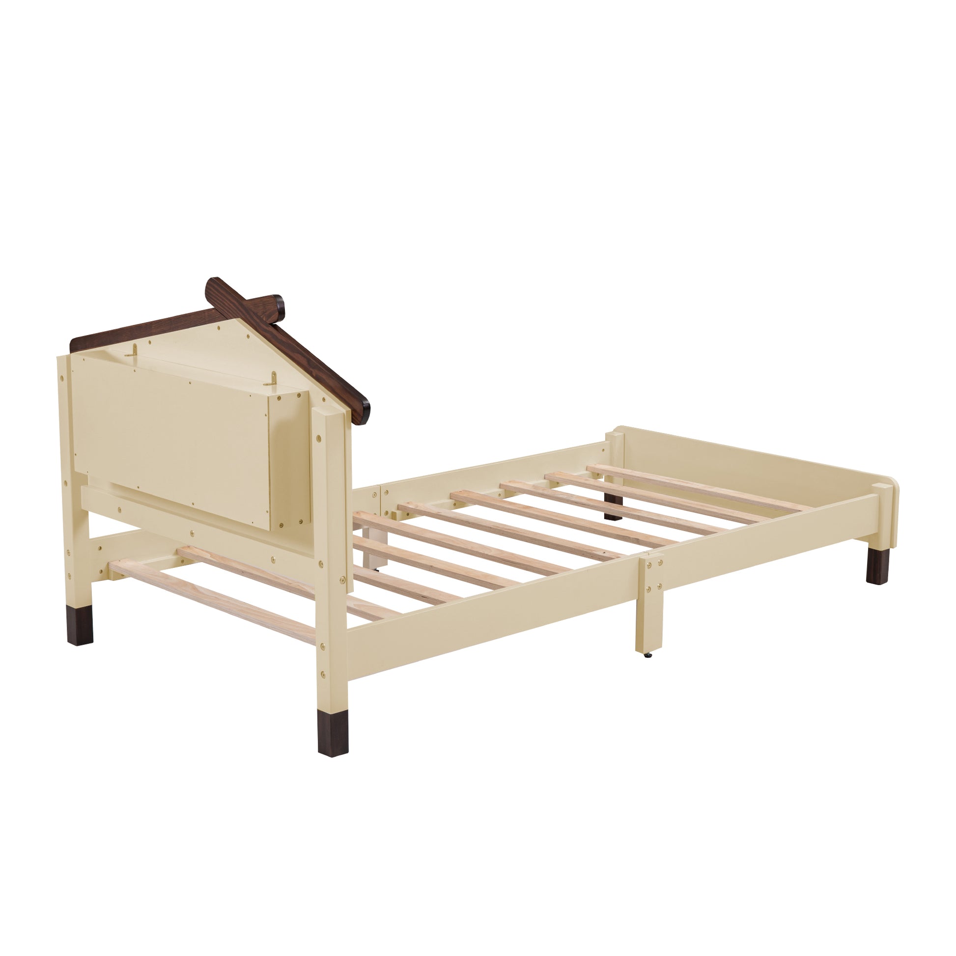 Twin Size Wood Platform Bed With House Shaped Headboard And Motion Activated Night Lights Cream Walnut Cream Wood