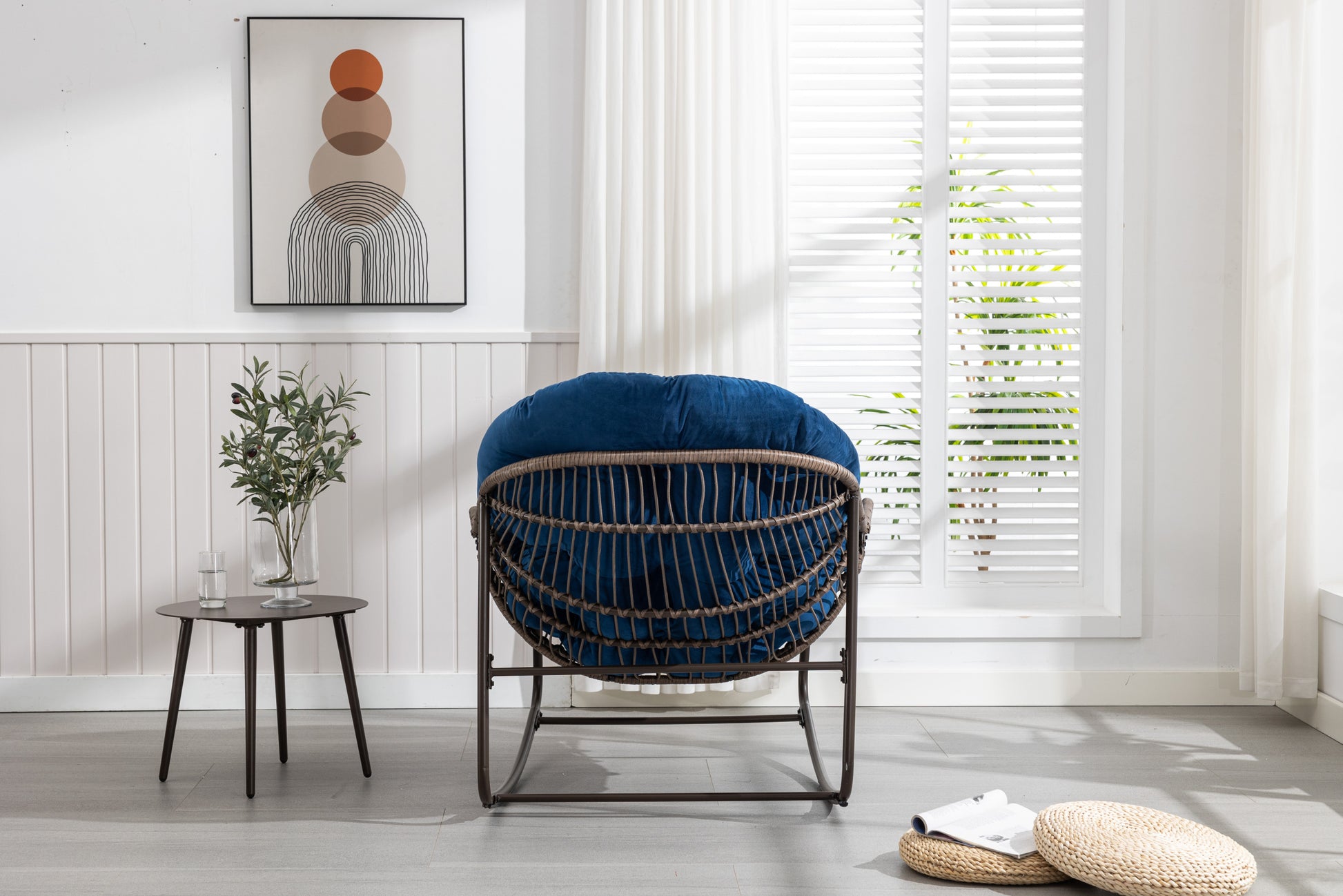 Outdoor Rattan Rocking Chair,Padded Cushion Rocker Recliner Chair Outdoor For Front Porch, Living Room, Patio, Garden, Navy Blue Navy Blue Cotton Steel