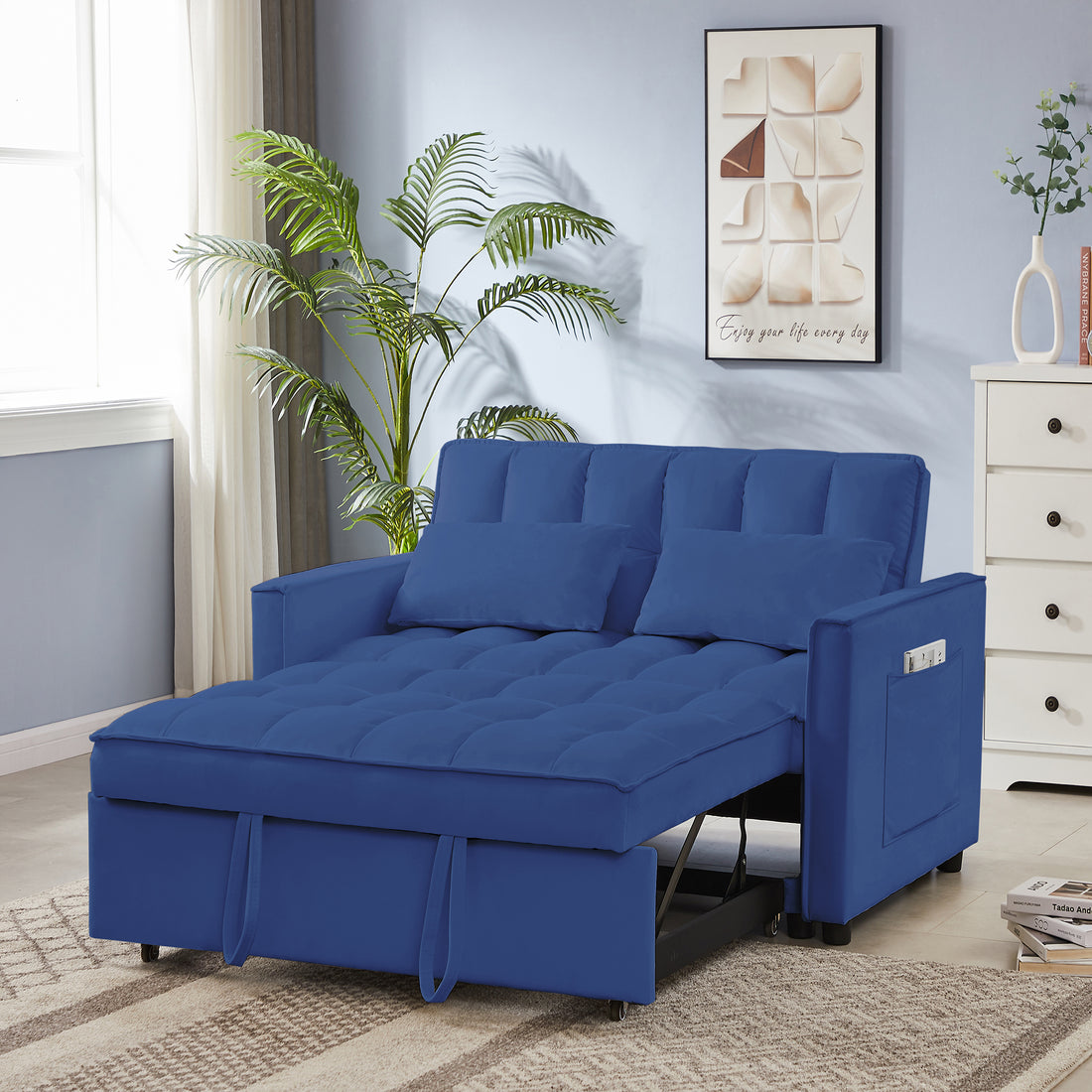 Blue Velvet Loveseat Sofa Bed Blue Wood Tufted Back Square Arms Velvet 2 Seat