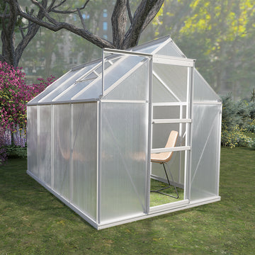 8' L X 6' W Walk In Polycarbonate Greenhouse With Roof Vent,Sliding Doors,Aluminum Hobby Hot House For Outdoor Garden Backyard Silver Aluminium Alloy Pc