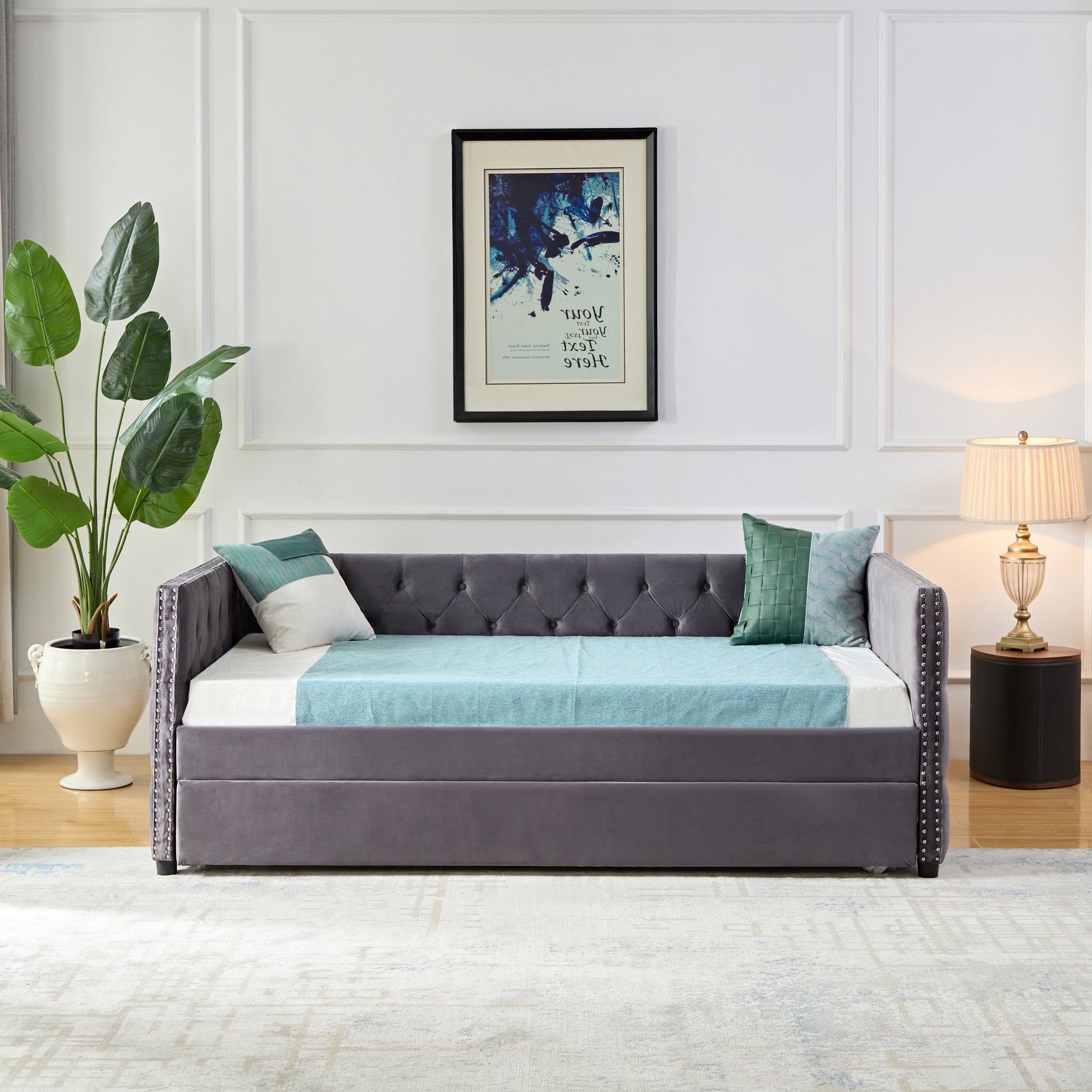 Daybed With Trundle Sofa Bed, Upgraded Velvet Upholstered Sofa Bed, With Button And Copper Nail On Square Arms,Bedroom Living Room Furniture Grey,Twin,83.47"X41.91"X30.71" Box Spring Required Twin Gray Wood Bedroom American Traditional Eucalyptus Bed