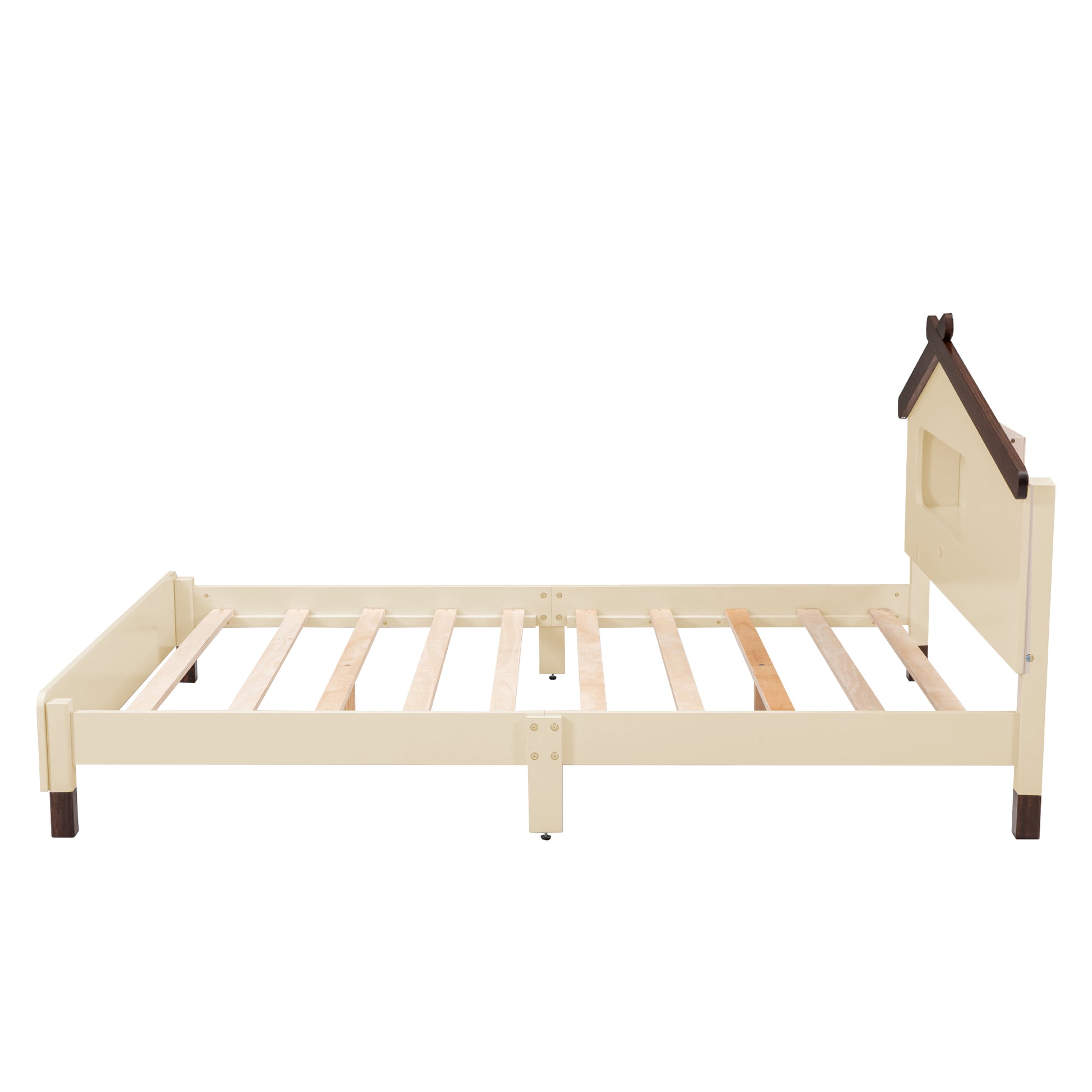 Full Size Wood Platform Bed With House Shaped Headboard And Motion Activated Night Lights Cream Walnut Cream Wood