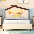 Twin Size Wood Platform Bed With House Shaped Headboard And Motion Activated Night Lights Cream Walnut Cream Wood