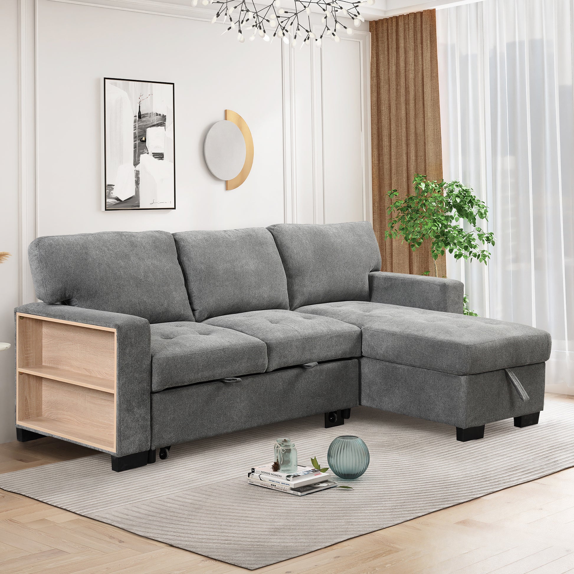 Stylish And Functional Light Chaise Lounge Sectional With Storage Rack Pull Out Bed Drop Down Table And Usb Charger Gray Gray Foam Spring