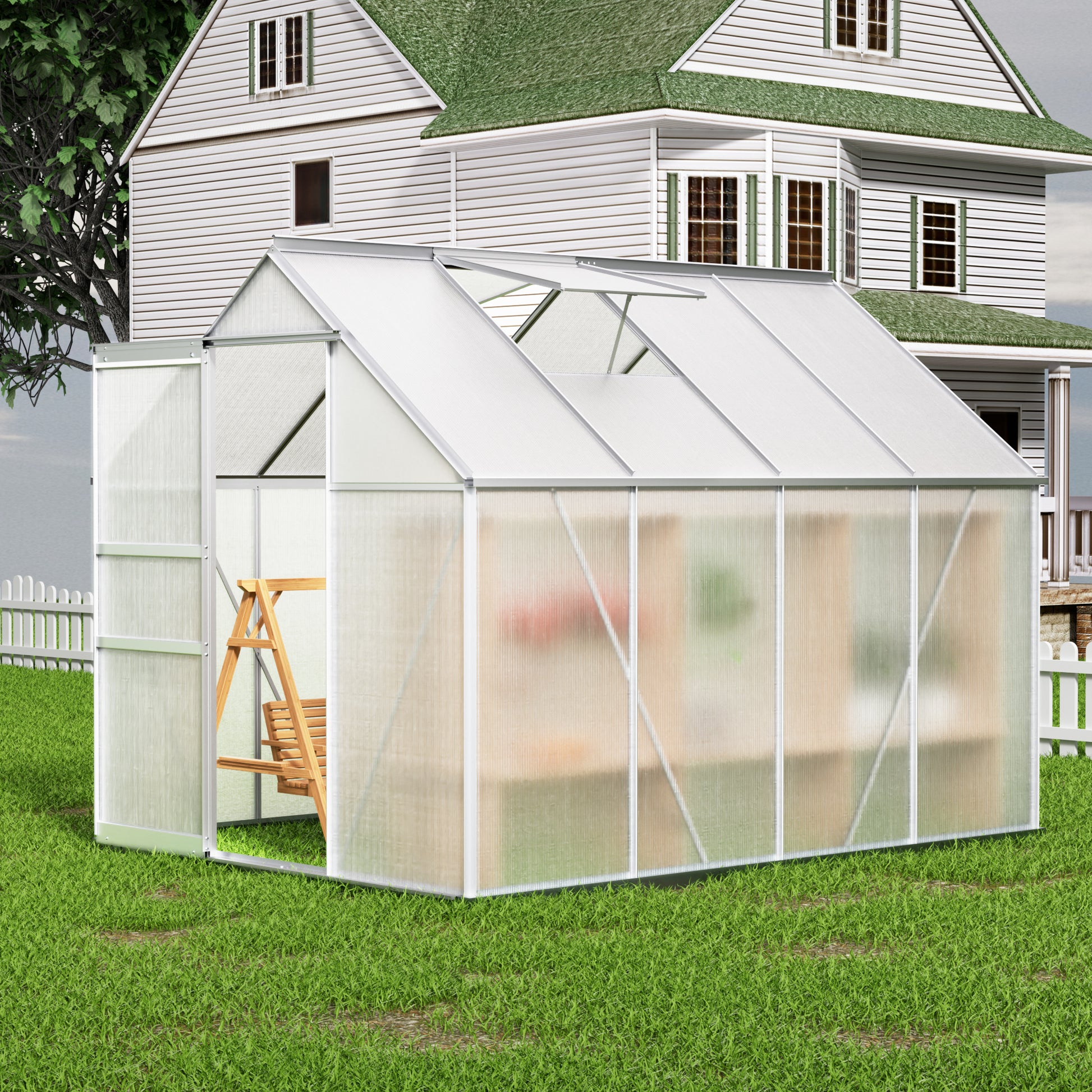 8' L X 6' W Walk In Polycarbonate Greenhouse With Roof Vent,Sliding Doors,Aluminum Hobby Hot House For Outdoor Garden Backyard Silver Aluminium Alloy Pc