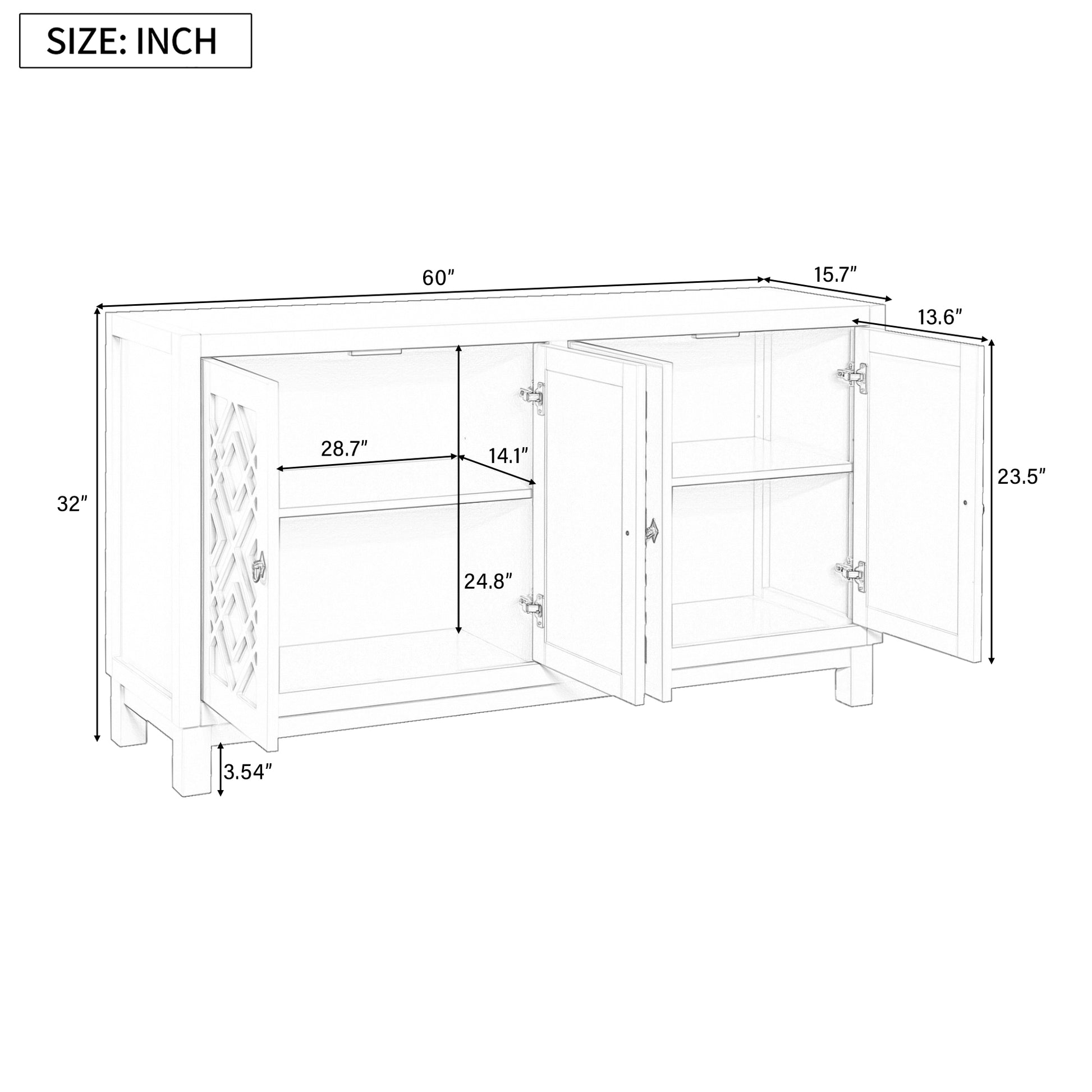 Large Storage Space Sideboard, 4 Door Buffet Cabinet With Pull Ring Handles For Living Room, Dining Room Black Black Mdf