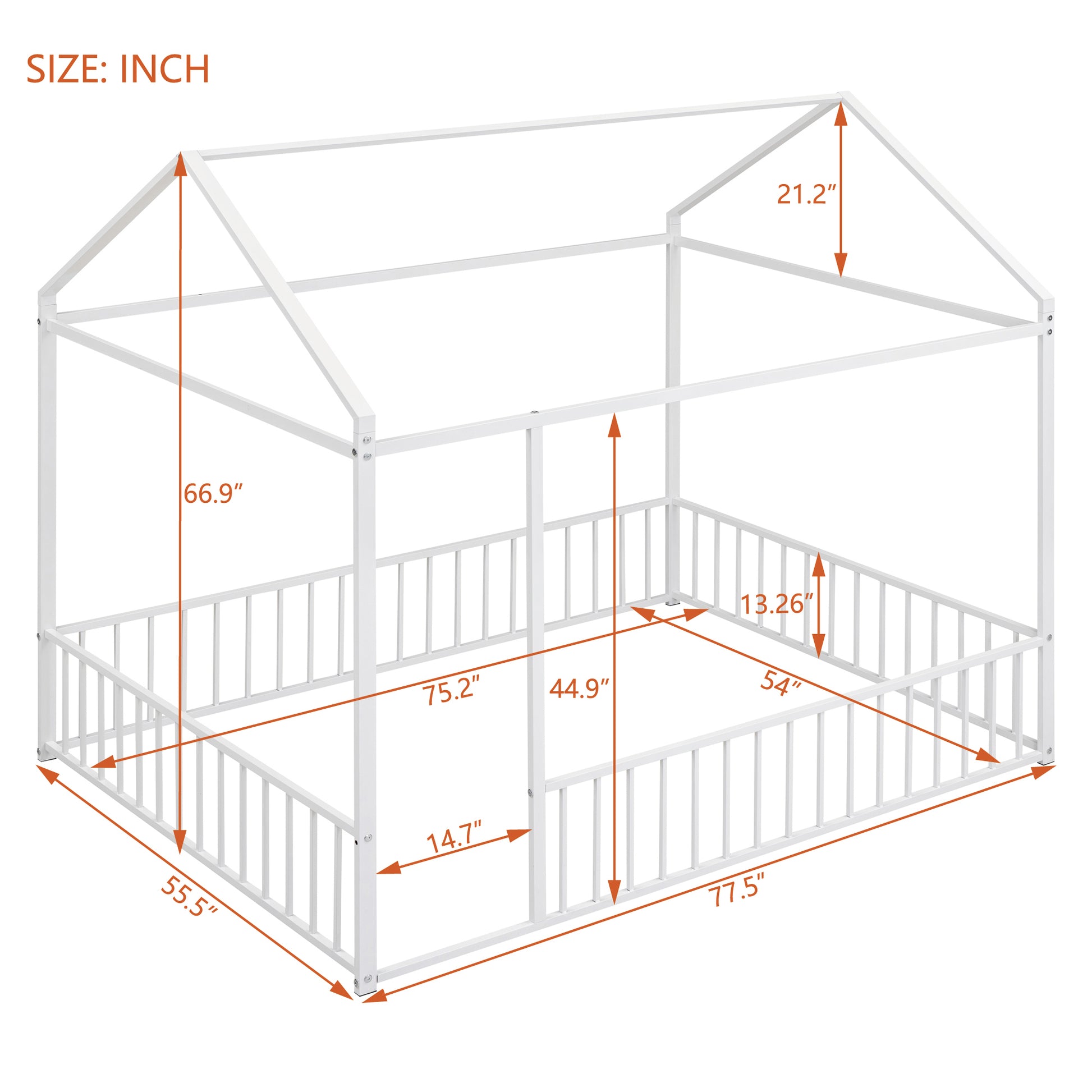 Full Size Metal Bed House Bed Frame With Fence, For Kids, Teens, Girls, Boys,White White Metal