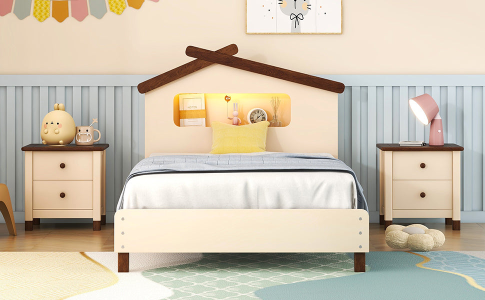 Twin Size Wood Platform Bed With House Shaped Headboard And Motion Activated Night Lights Cream Walnut Cream Wood