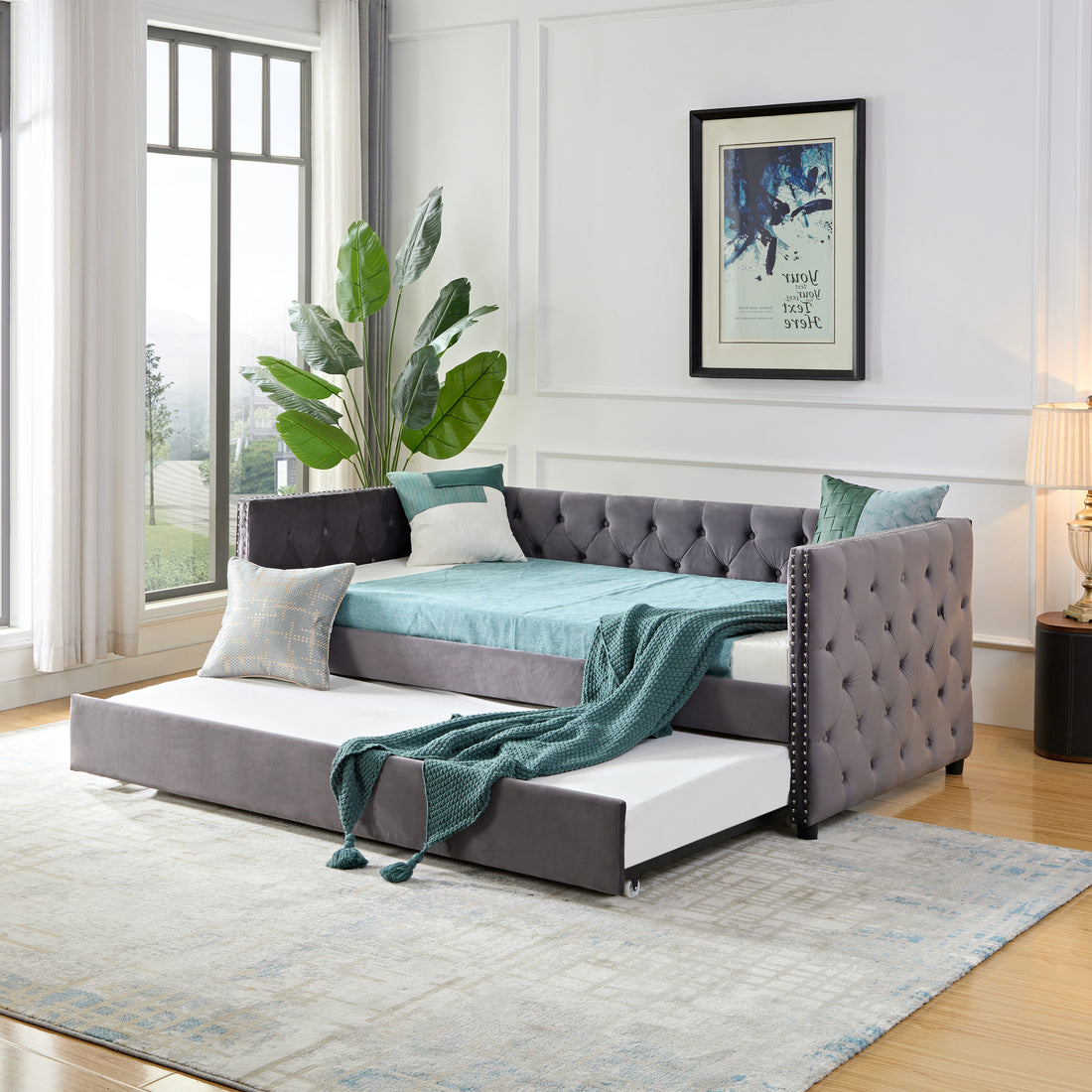 Daybed With Trundle Sofa Bed, Upgraded Velvet Upholstered Sofa Bed, With Button And Copper Nail On Square Arms,Bedroom Living Room Furniture Grey,Twin,83.47"X41.91"X30.71" Box Spring Required Twin Gray Wood Bedroom American Traditional Eucalyptus Bed