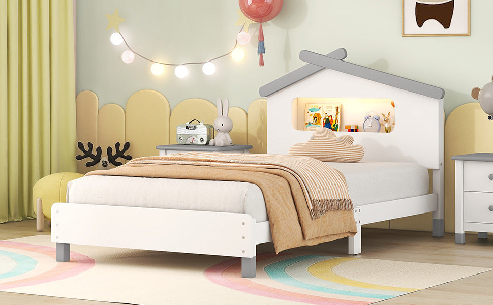 Twin Size Wood Platform Bed With House Shaped Headboard And Motion Activated Night Lights White Gray White Wood