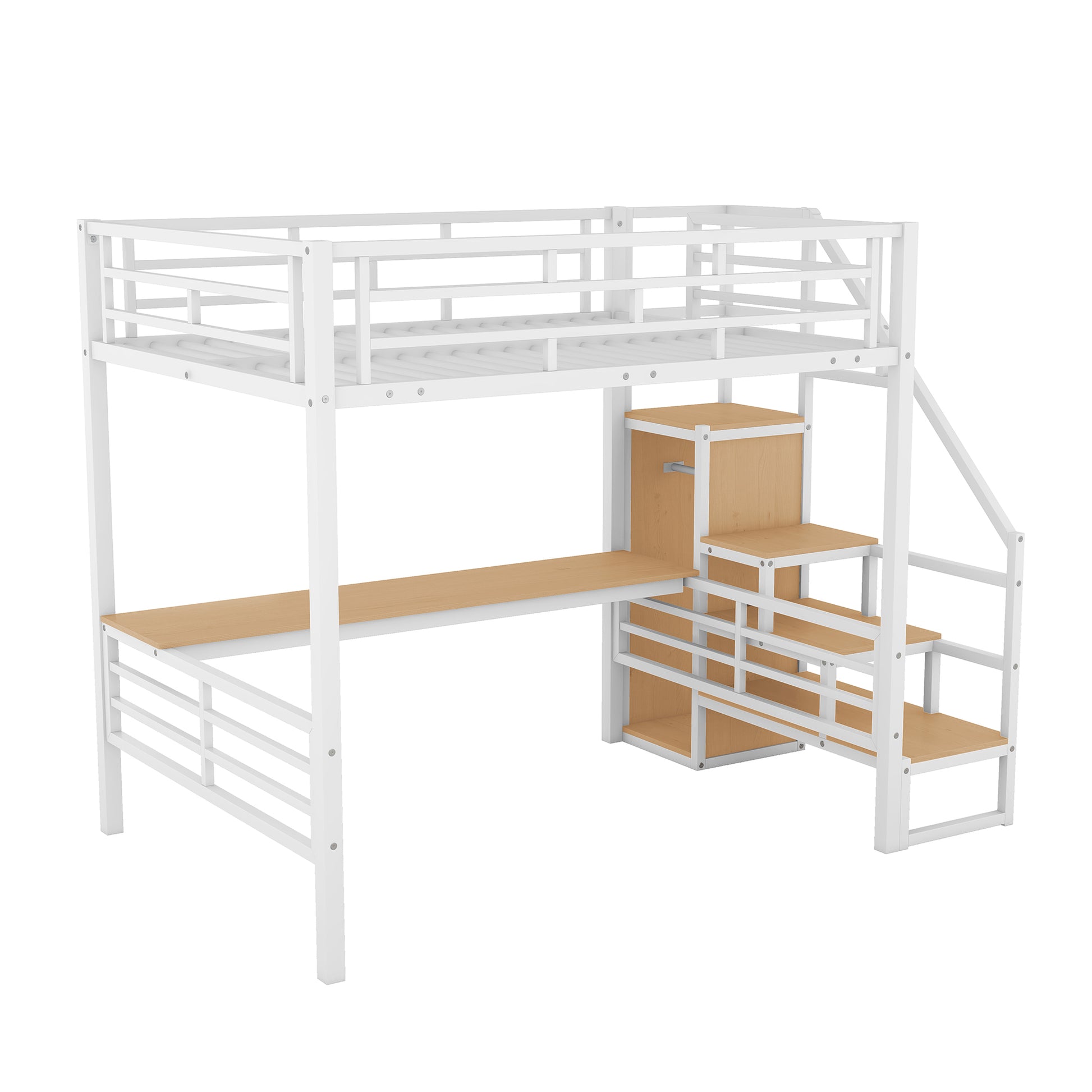 Full Size Metal Loft Bed With Desk, Storage Staircase And Small Wardrobe, Storage Stairs Can Be Installed Left And Right, White Box Spring Not Required Full White Metal Bedroom Bed Frame Metal