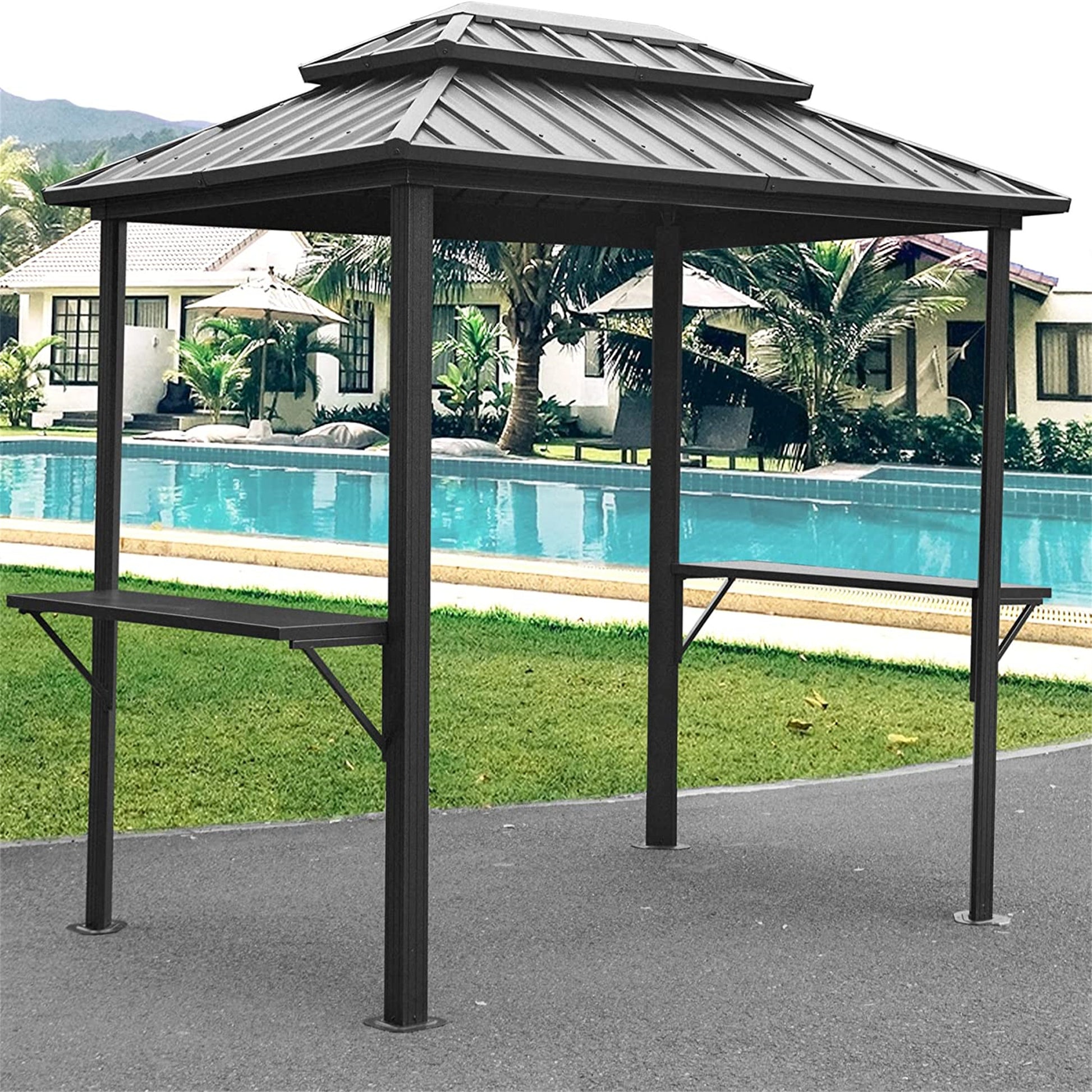 Grill Gazebo 8' 6', Aluminum Bbq Gazebo Outdoor Metal Frame With Shelves Serving Tables, Permanent Double Roof Hard Top Gazebos For Patio Lawn Deck Backyard And Garden Grey Grey Metal