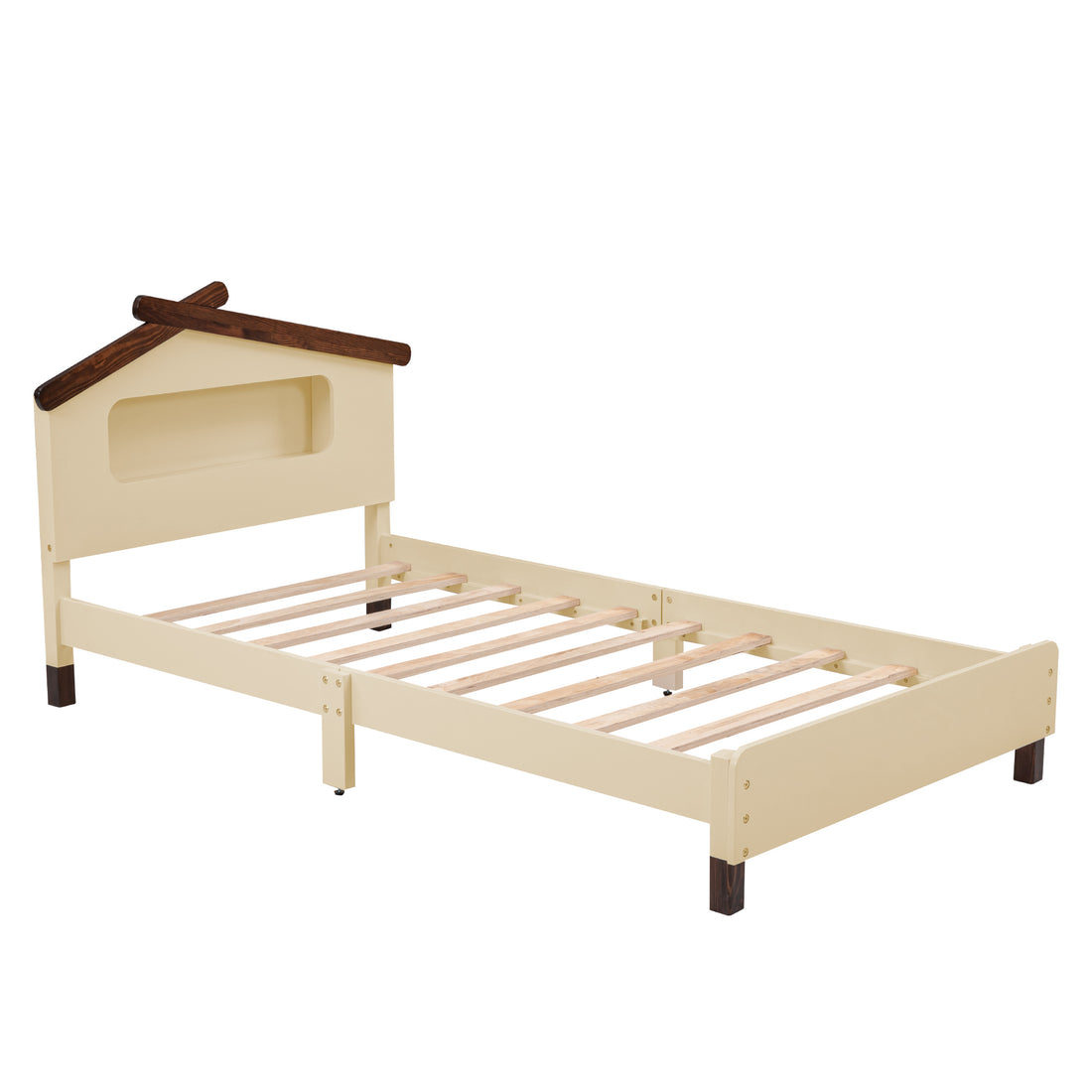 Twin Size Wood Platform Bed With House Shaped Headboard And Motion Activated Night Lights Cream Walnut Cream Wood