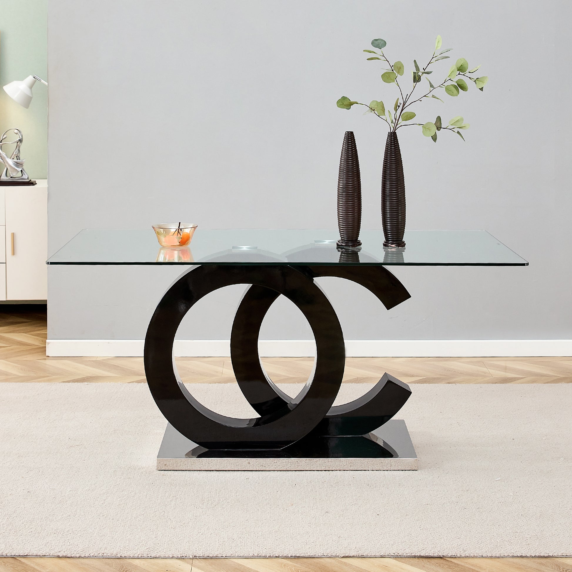 Large Modern Minimalist Rectangular Glass Dining Table For 6 8 With 0.39" Tempered Glass Tabletop And Mdf Oc Shaped Bracket And Metal Base,For Kitchen Dining Living Meeting Room Banquet Hall F Oc Black Glass