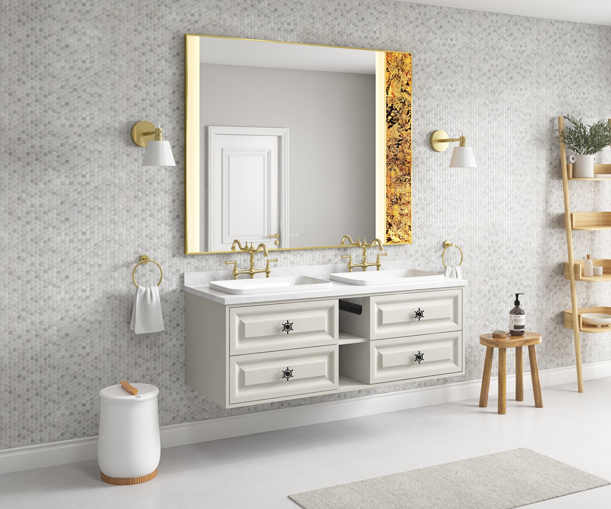 60In. W X 48 In. H Led Lighted Bathroom Wall Mounted Mirror With High Lumen Anti Fog Separately Control Natural Stone Decoration Decoration Follows Led Changesbedroom Full Length Mirror Bathroom Gold Aluminium