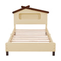 Twin Size Wood Platform Bed With House Shaped Headboard And Motion Activated Night Lights Cream Walnut Cream Wood