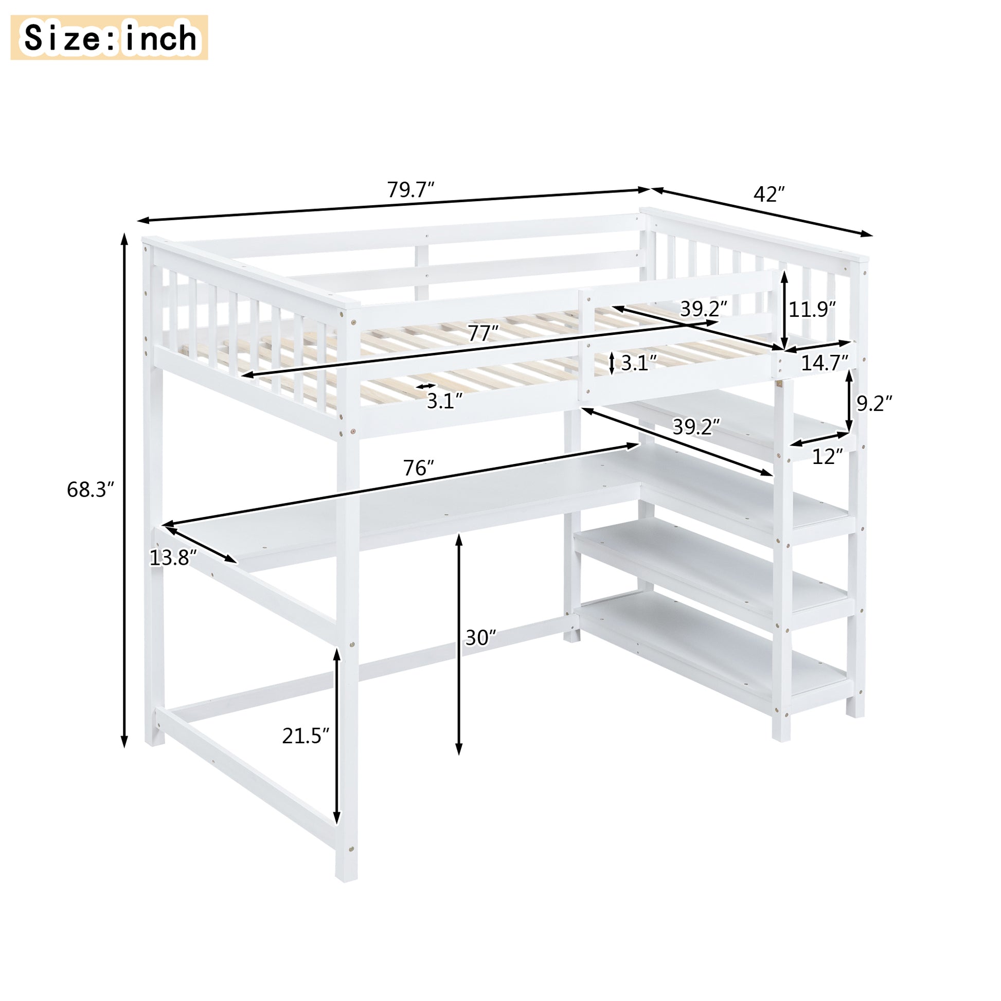 Twin Size Loft Bed With Storage Shelves And Under Bed Desk, White White Pine