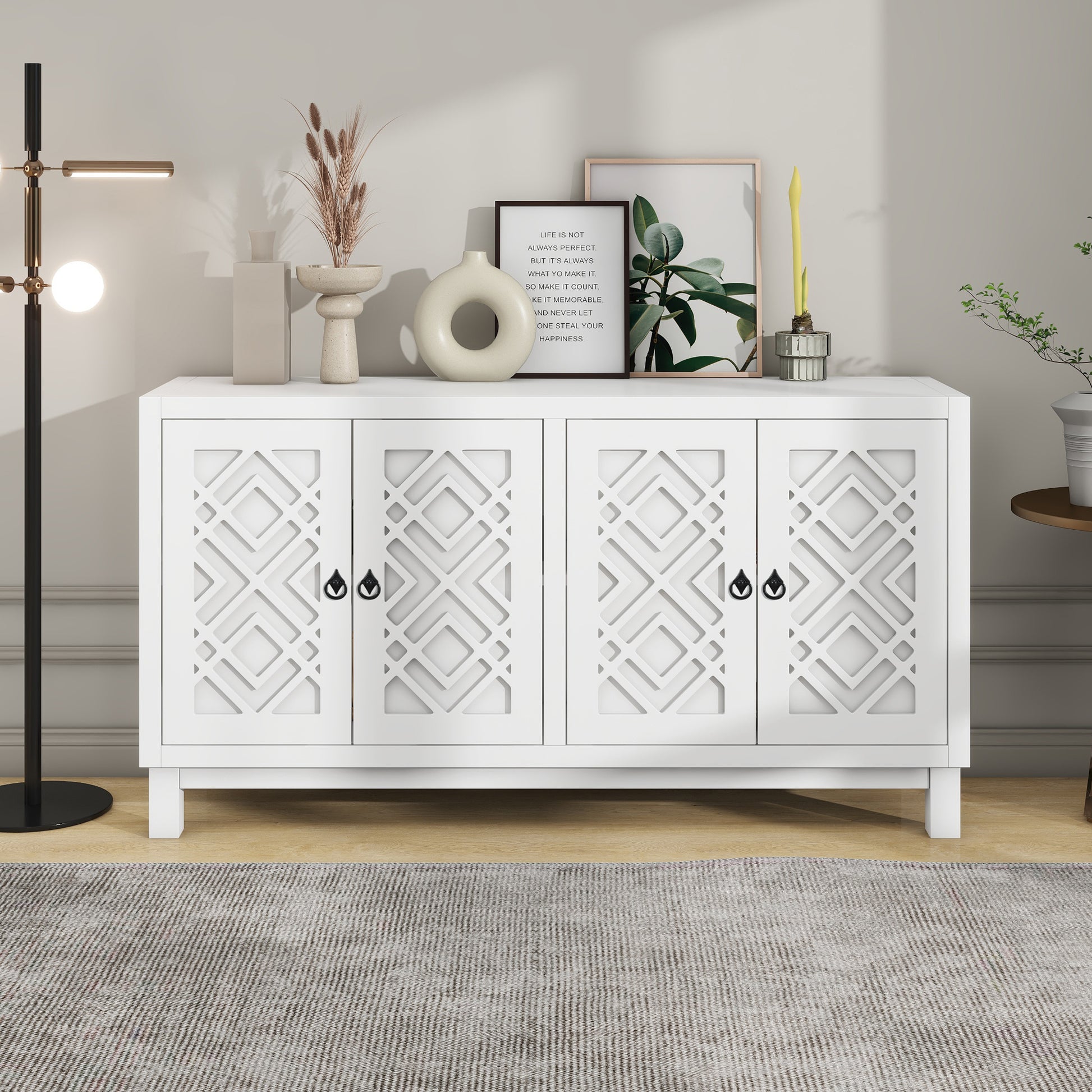 Large Storage Space Sideboard, 4 Door Buffet Cabinet With Pull Ring Handles For Living Room, Dining Room White White Mdf