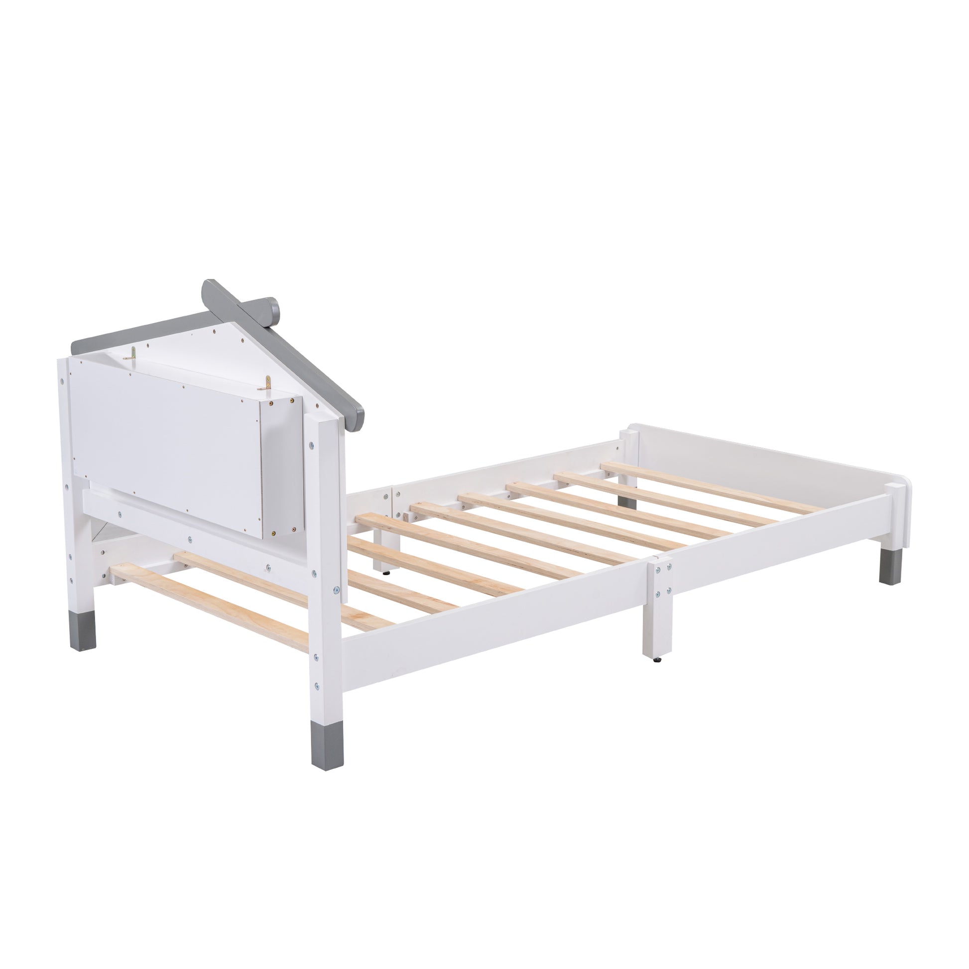 Twin Size Wood Platform Bed With House Shaped Headboard And Motion Activated Night Lights White Gray White Wood