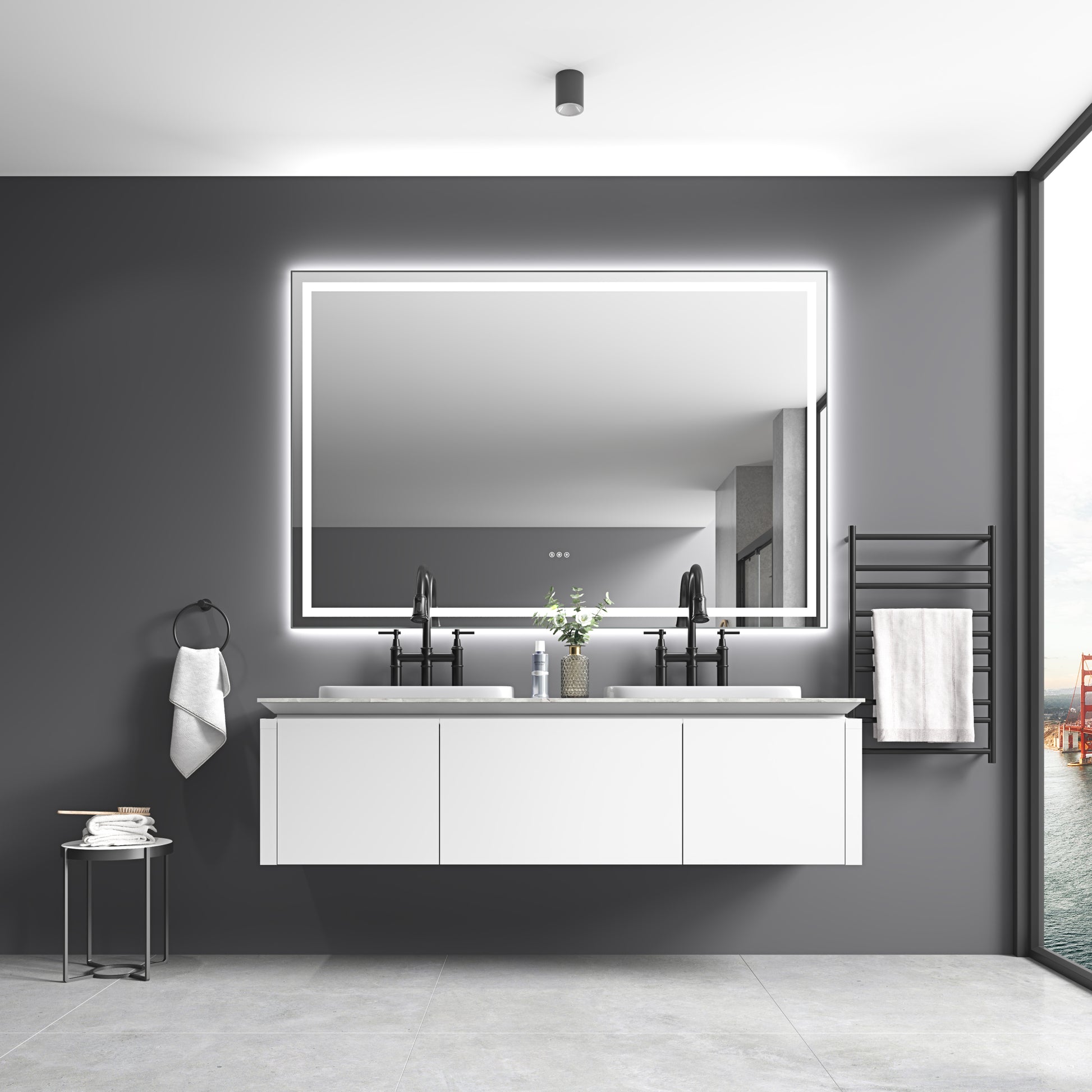 84In. W X 48In. H Oversized Rectangular Black Framed Led Mirror Anti Fog Dimmable Wall Mount Bathroom Vanity Mirror Hd Wall Mirror Kit For Gym And Dance Studio 48X 84Inches With Safety Ba Matte Black Aluminium