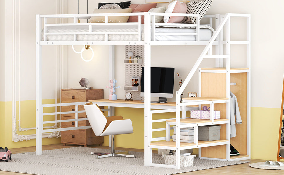 Full Size Metal Loft Bed With Desk, Storage Staircase And Small Wardrobe, Storage Stairs Can Be Installed Left And Right, White Box Spring Not Required Full White Metal Bedroom Bed Frame Metal