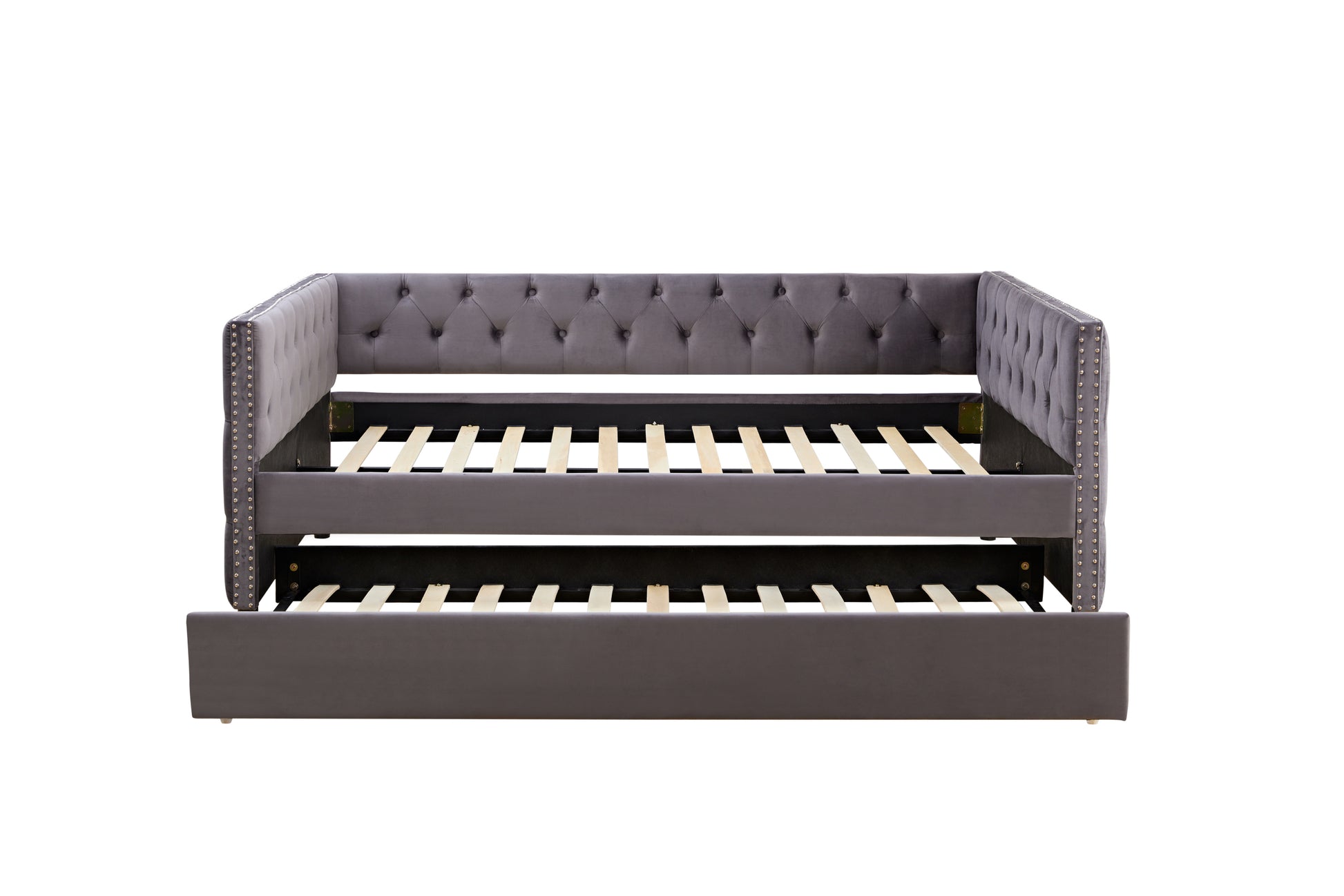 Sofa Bed With Wheels, Upgraded Velvet Upholstered Sofa Bed, With Button And Copper Nail On Square Arms,Bedroom Living Room Furniture Gray,Full,82.75"X58"X30.75" Box Spring Not Required Full Gray Wood Bedroom American Traditional Eucalyptus Bed Frame