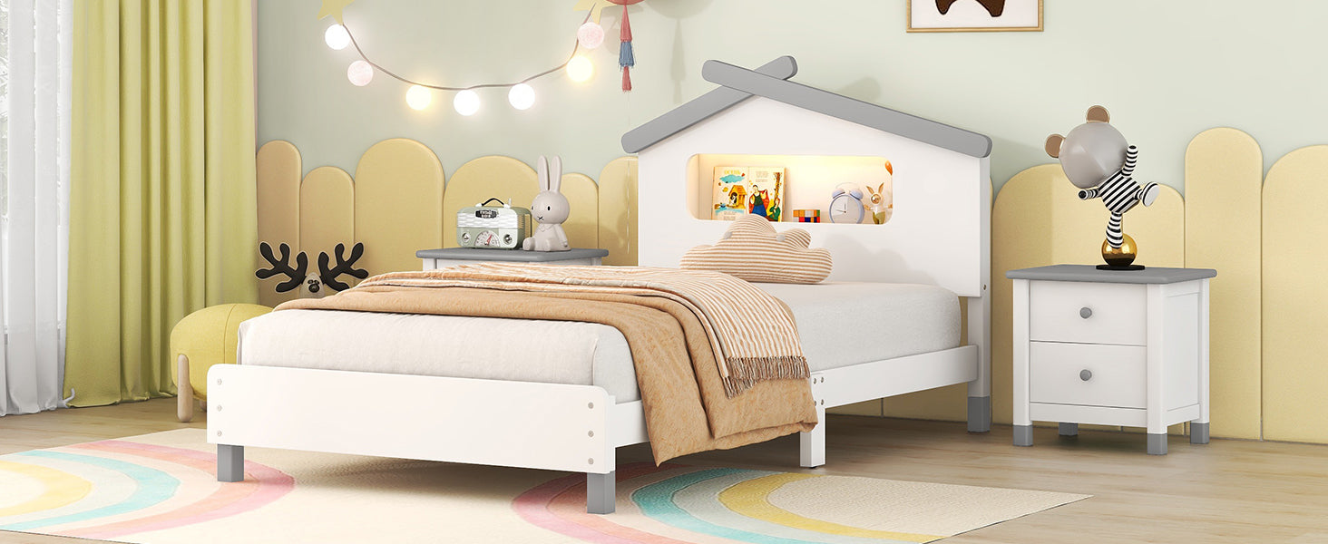 Twin Size Wood Platform Bed With House Shaped Headboard And Motion Activated Night Lights White Gray White Wood