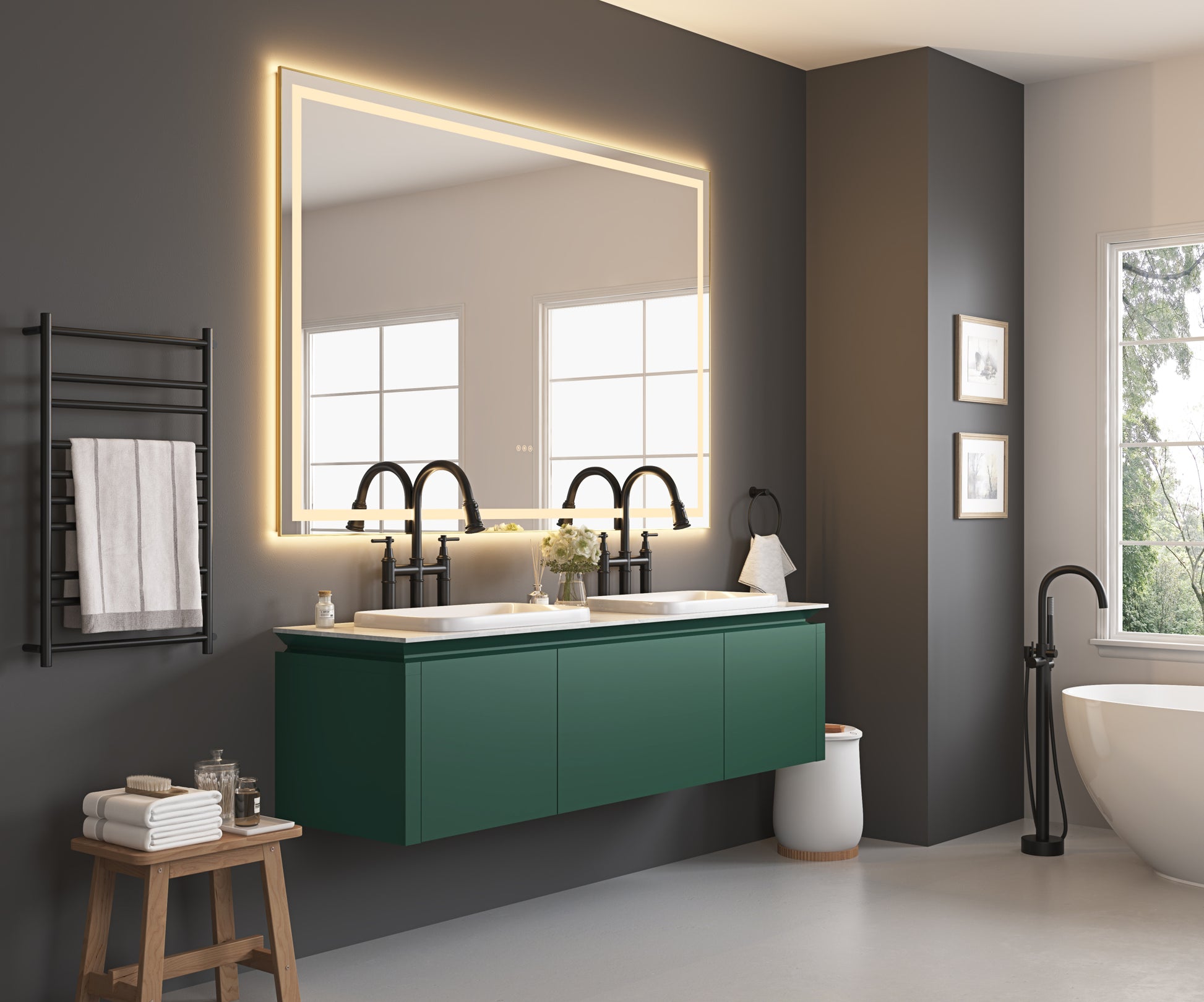 72In. W X 48In. H Oversized Rectangular Black Framed Led Mirror Anti Fog Dimmable Wall Mount Bathroom Vanity Mirror Hd Wall Mirror Kit For Gym And Dance Studio 48X 72Inches With Safety Ba Gold Aluminium