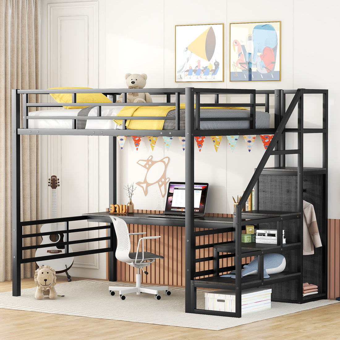 Full Size Metal Loft Bed With Desk, Storage Staircase And Small Wardrobe, Storage Stairs Can Be Installed Left And Right,Black Full Black Metal