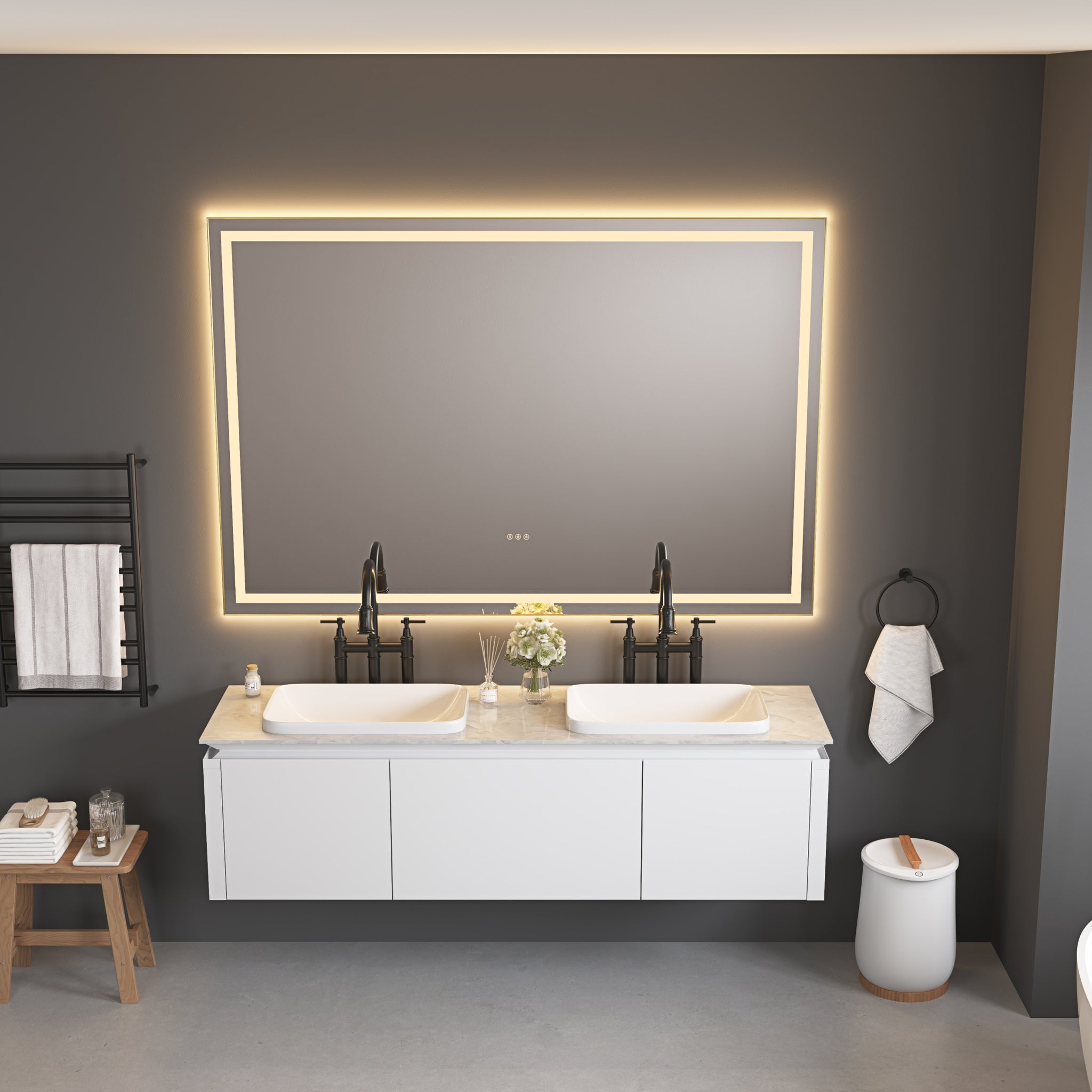 72In. W X 48In. H Oversized Rectangular Black Framed Led Mirror Anti Fog Dimmable Wall Mount Bathroom Vanity Mirror Hd Wall Mirror Kit For Gym And Dance Studio 48X 72Inches With Safety Ba Gold Aluminium