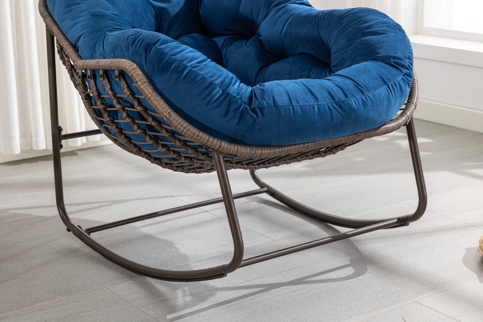 Outdoor Rattan Rocking Chair,Padded Cushion Rocker Recliner Chair Outdoor For Front Porch, Living Room, Patio, Garden, Navy Blue Navy Blue Cotton Steel