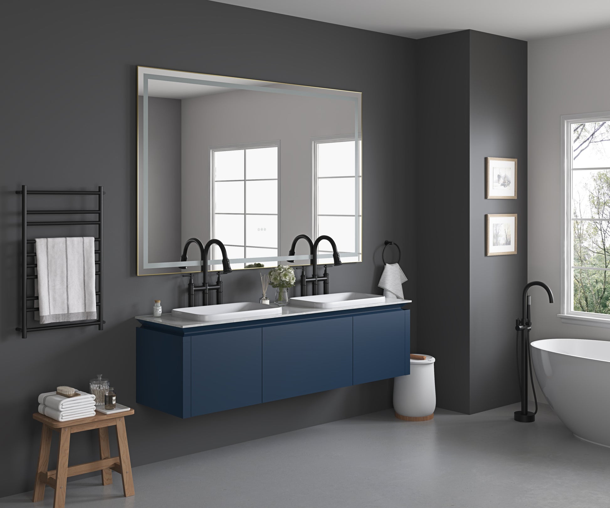 72In. W X 48In. H Oversized Rectangular Black Framed Led Mirror Anti Fog Dimmable Wall Mount Bathroom Vanity Mirror Hd Wall Mirror Kit For Gym And Dance Studio 48X 72Inches With Safety Ba Gold Aluminium