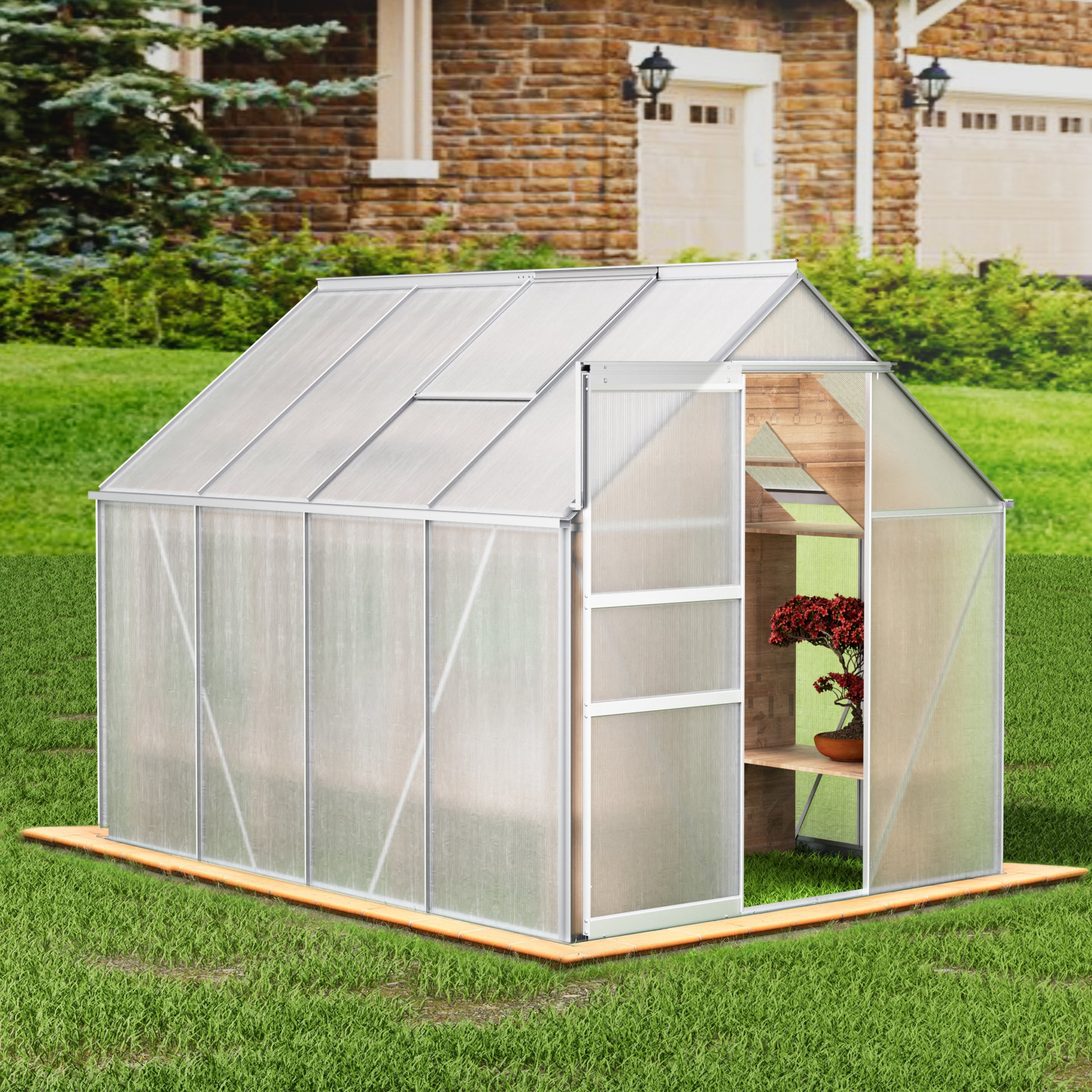 8' L X 6' W Walk In Polycarbonate Greenhouse With Roof Vent,Sliding Doors,Aluminum Hobby Hot House For Outdoor Garden Backyard Silver Aluminium Alloy Pc