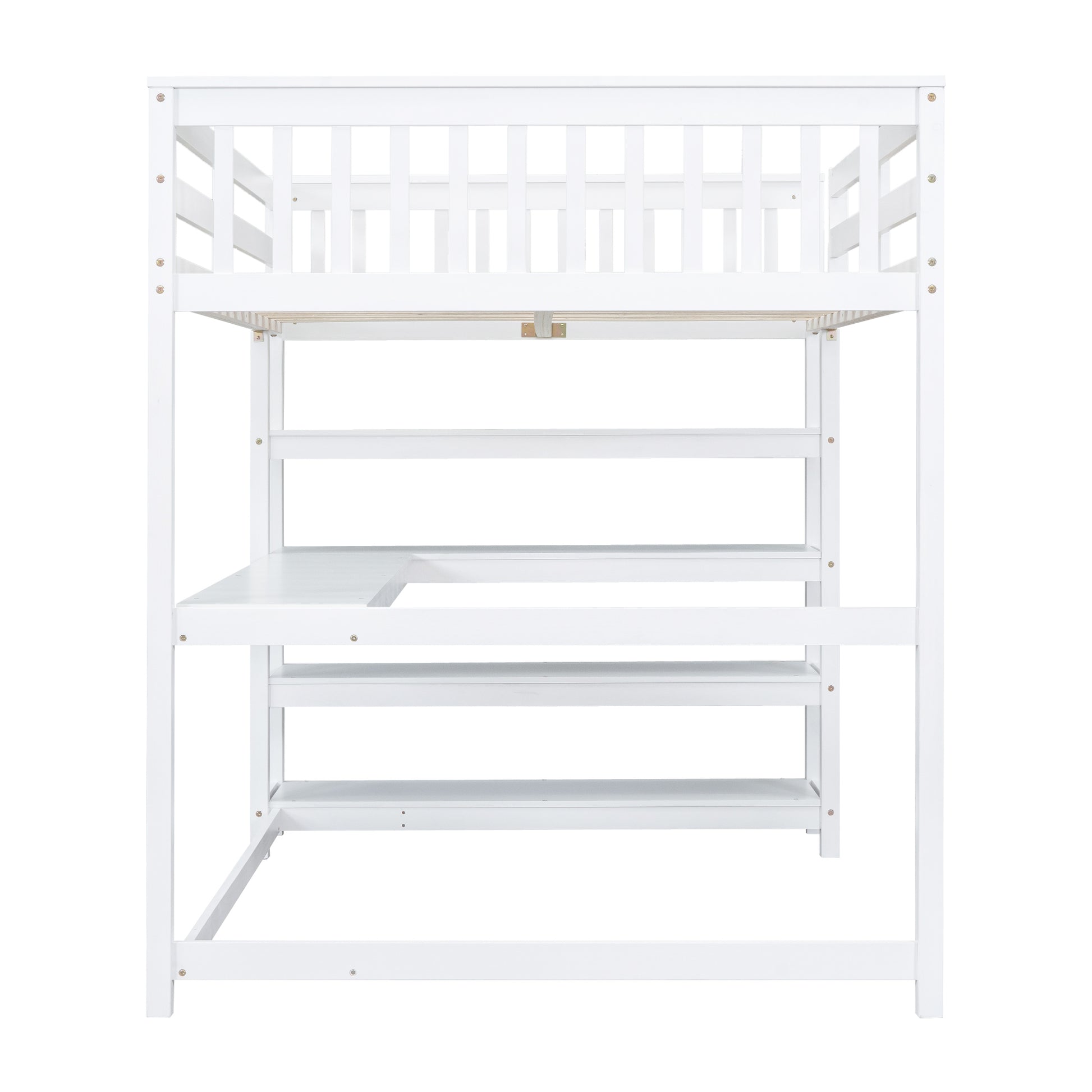 Full Size Loft Bed With Storage Shelves And Under Bed Desk, White Box Spring Not Required Full White Wood Bedroom Pine