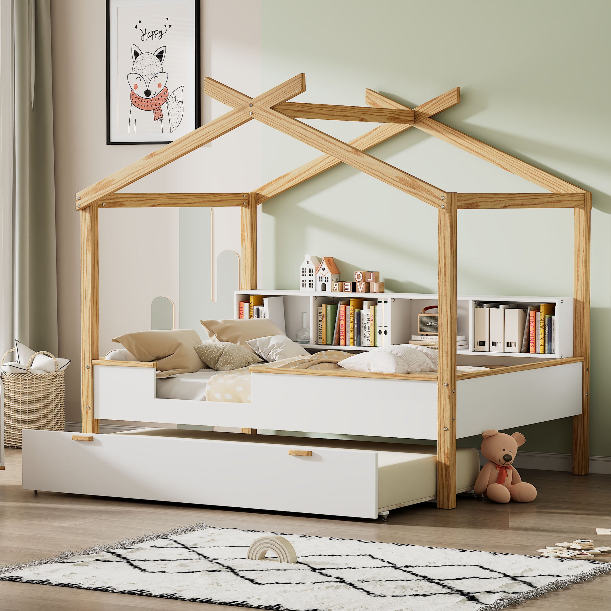 White Full Size Wooden House Bed With Original Wood Colored Frame Twin Size Trundle And Bookshelf Storage Space For Children Or Guest Room Full White Wood