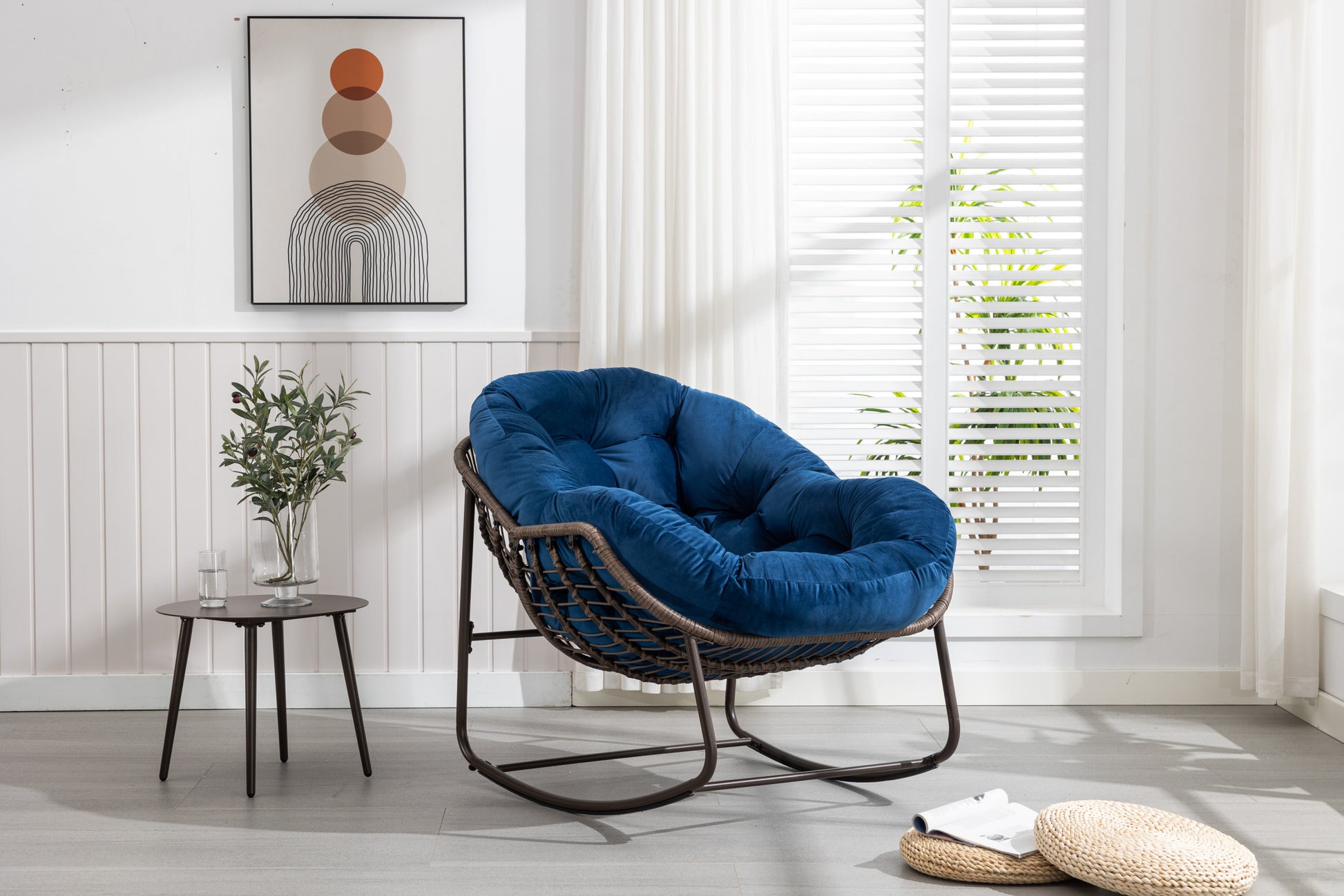 Outdoor Rattan Rocking Chair,Padded Cushion Rocker Recliner Chair Outdoor For Front Porch, Living Room, Patio, Garden, Navy Blue Navy Blue Cotton Steel