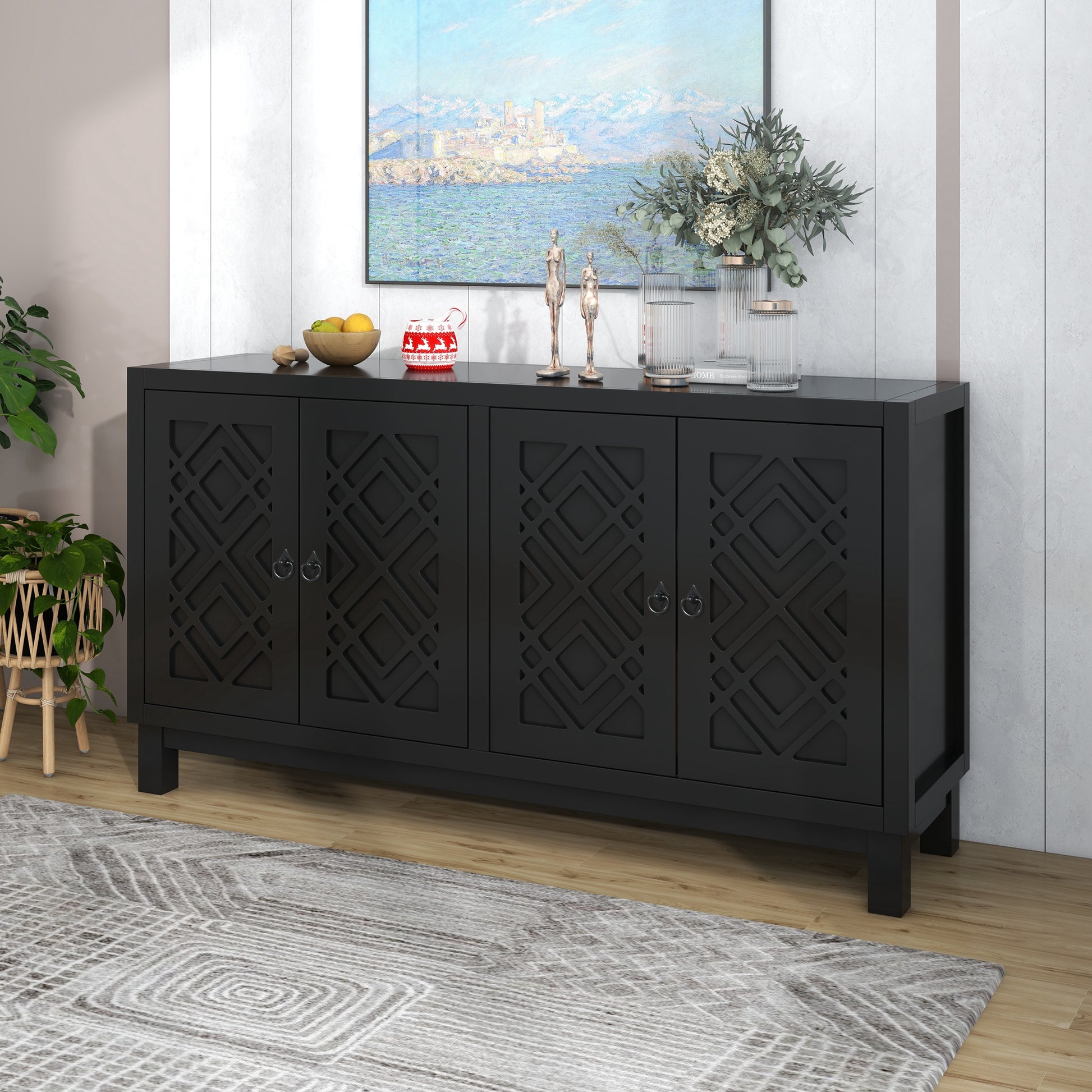 Large Storage Space Sideboard, 4 Door Buffet Cabinet With Pull Ring Handles For Living Room, Dining Room Black Black Mdf