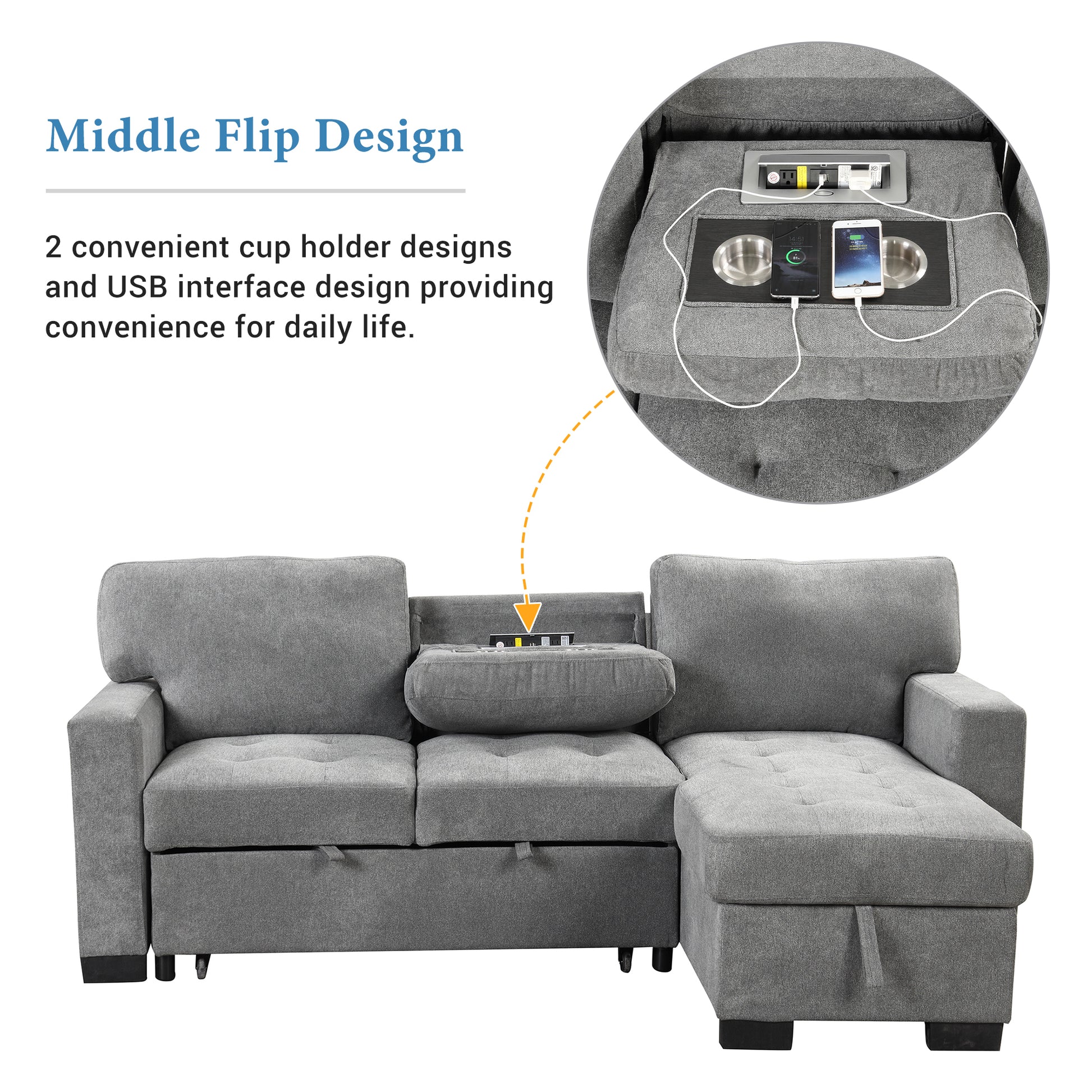 Stylish And Functional Light Chaise Lounge Sectional With Storage Rack Pull Out Bed Drop Down Table And Usb Charger Gray Gray Foam Spring