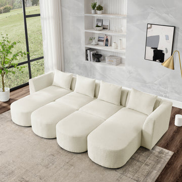 U Shape Sectional Sofa Including Two Single Seat, Two Chaises And Two Ottomans, Modular Sofa, Diy Combination, Loop Yarn Fabric, Beige Beige Polyester Wood Medium Soft Tight Back Eucalyptus Square Arms Polyester 6 Seat