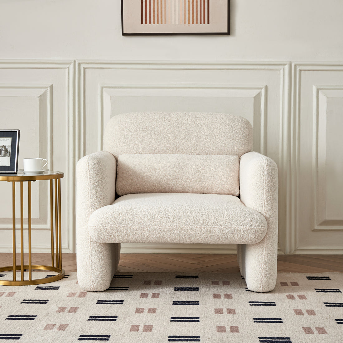 34"Lamb Fleece Fabric Sofa, Modern Single Sofa With Support Pillow For Apartment, Office, Living Room & Bedroom, Tool Free Assembly. Beige Beige Foam Sherpa