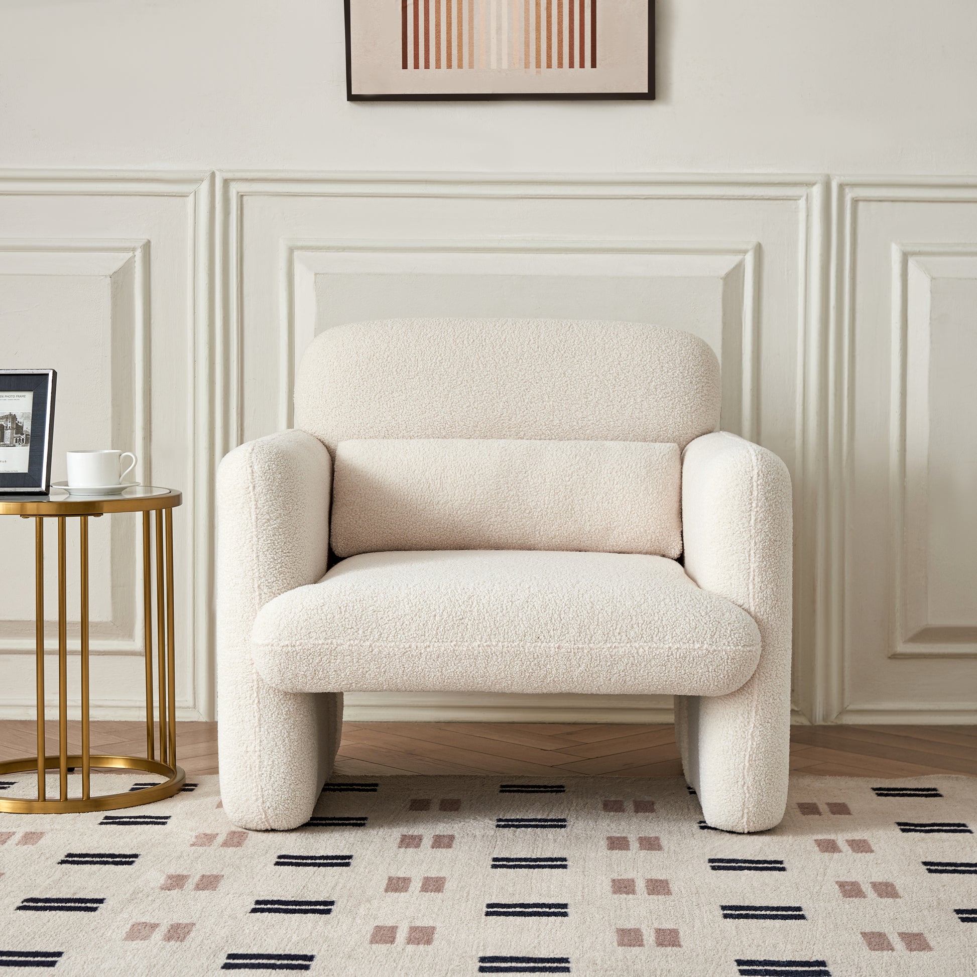 34"Lamb Fleece Fabric Sofa, Modern Single Sofa With Support Pillow For Apartment, Office, Living Room & Bedroom, Tool Free Assembly. Beige Beige Foam Sherpa